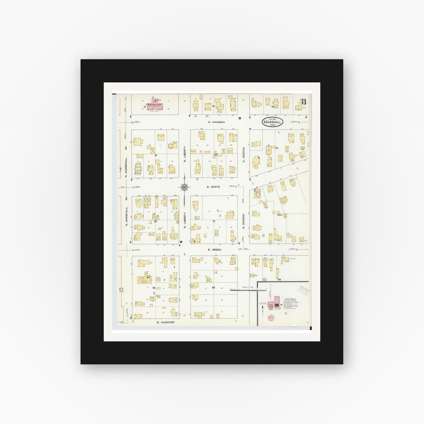 Old map wall art mockup — black gallery frame with white mat — Sanborn Fire Insurance Map from Marshall, Calhoun County, Michigan (1911), Sheet #0008