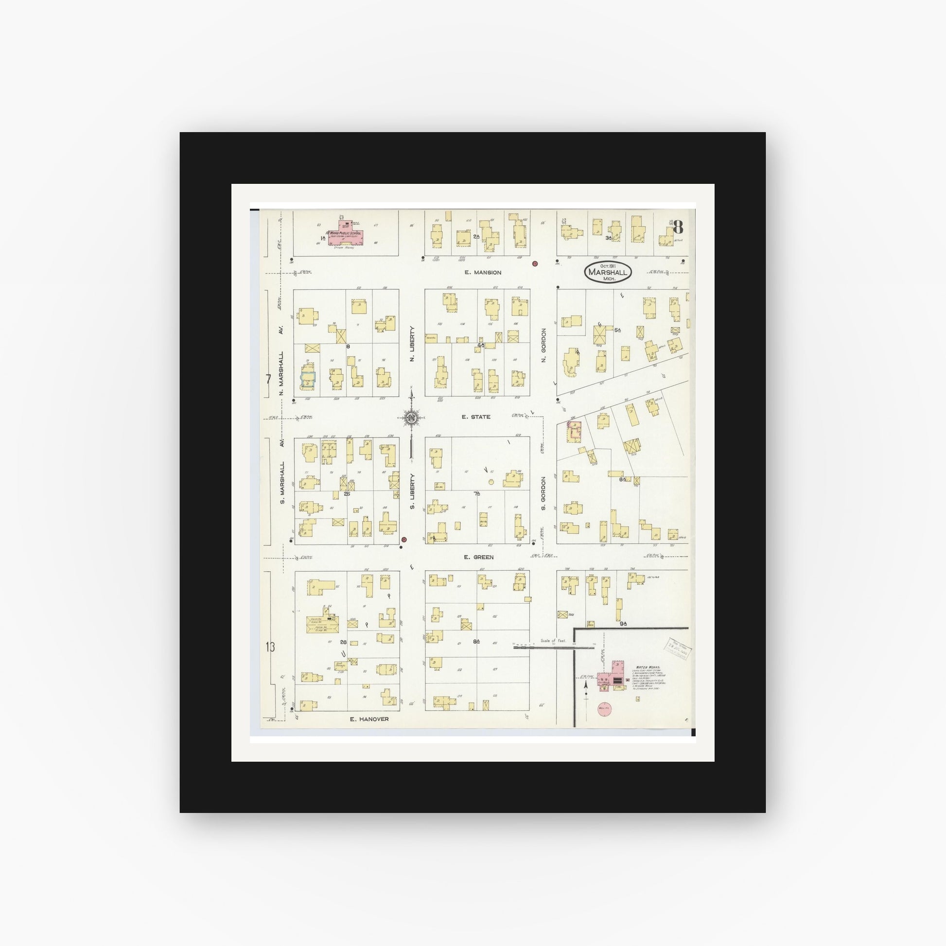 Old map wall art mockup — black gallery frame with white mat — Sanborn Fire Insurance Map from Marshall, Calhoun County, Michigan (1911), Sheet #0008