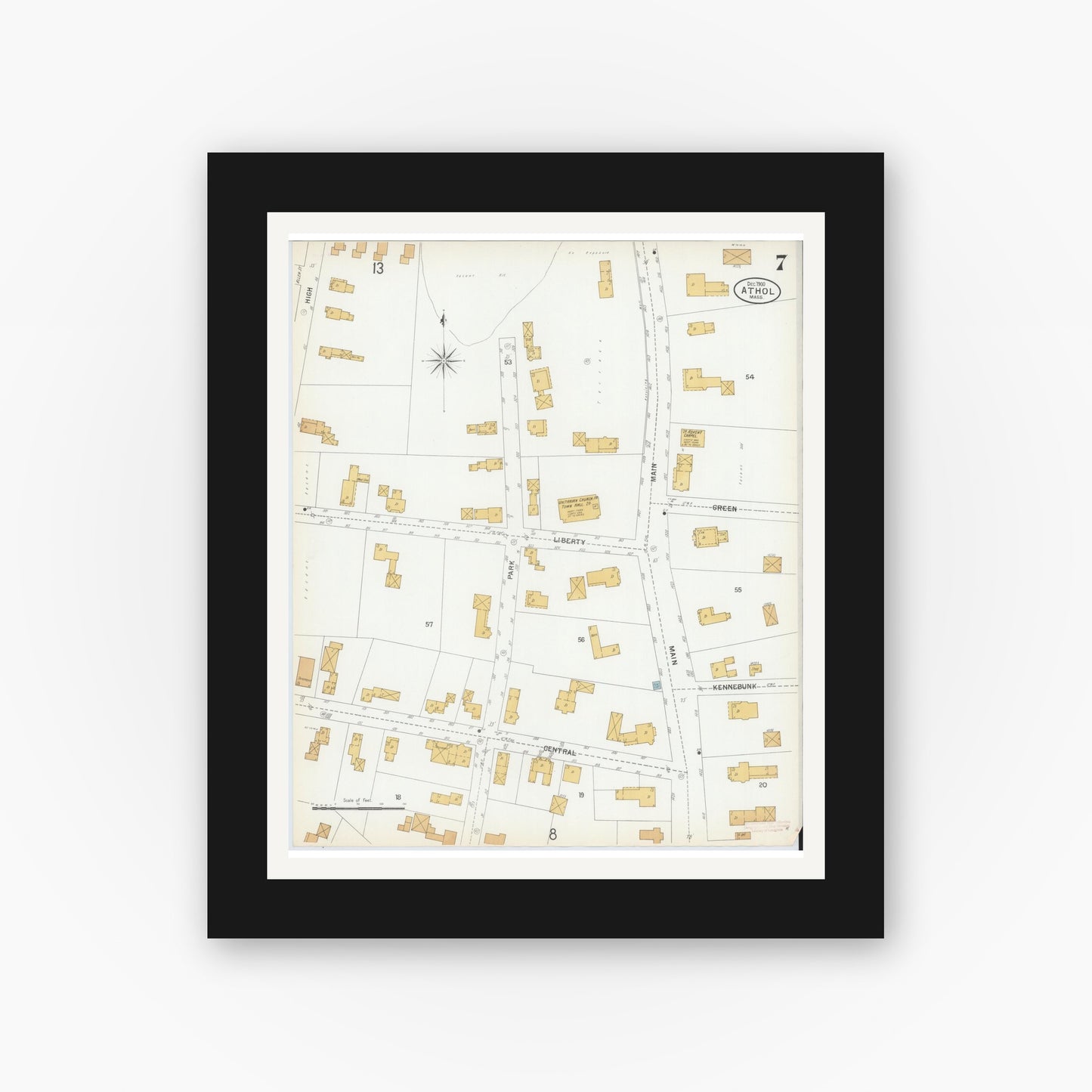 Old map wall art mockup — black gallery frame with white mat — Sanborn Fire Insurance Map from Athol, Worcester County, Massachusetts (1900), Sheet #0007