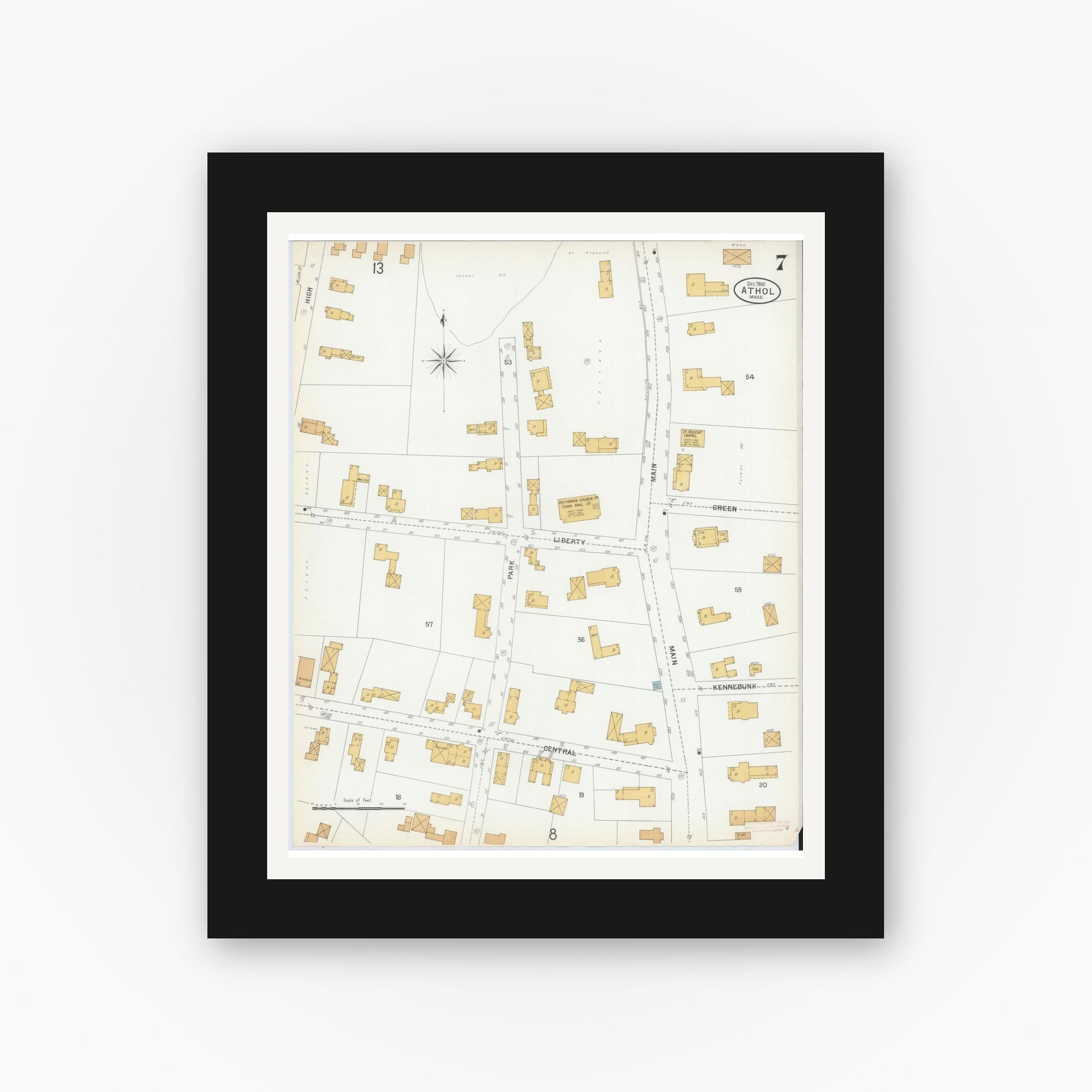 Old map wall art mockup — black gallery frame with white mat — Sanborn Fire Insurance Map from Athol, Worcester County, Massachusetts (1900), Sheet #0007