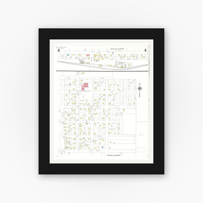Old map wall art mockup — black gallery frame with white mat — Sanborn Fire Insurance Map from Nora Springs, Floyd County, Iowa (1942), Sheet #0004