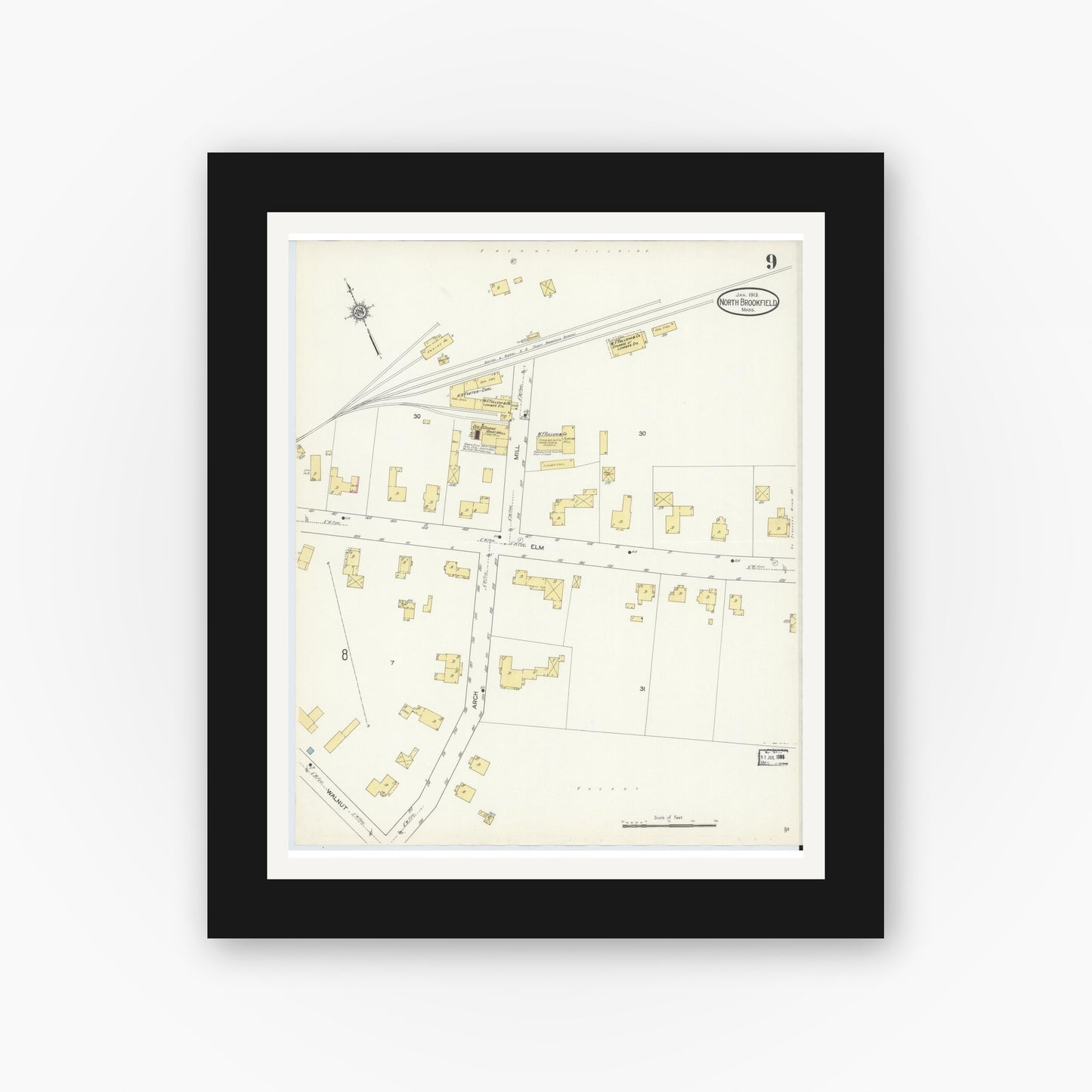 Old map wall art mockup — black gallery frame with white mat — Sanborn Fire Insurance Map from North Brookfield, Worcester County, Massachusetts (1913), Sheet #0009