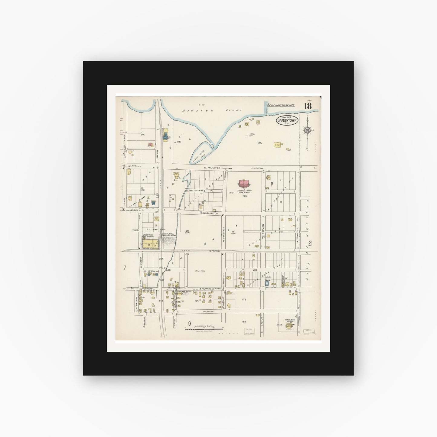 Old map wall art mockup — black gallery frame with white mat — Sanborn Fire Insurance Map from Bradentown, Manatee County, Florida (1922), Sheet #0018