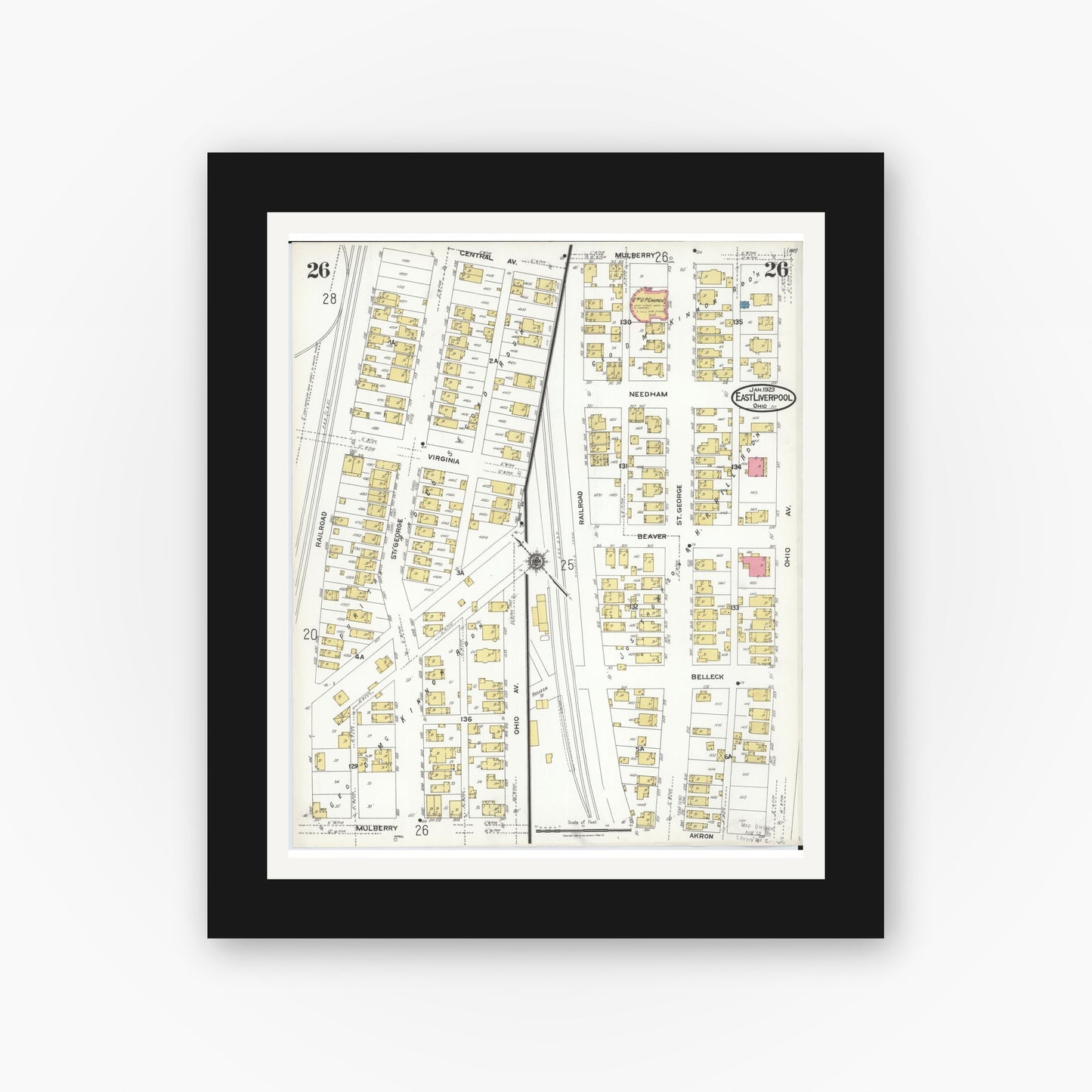 Old map wall art mockup — black gallery frame with white mat — Sanborn Fire Insurance Map from East Liverpool, Columbiana County, Ohio (1923), Sheet #0026