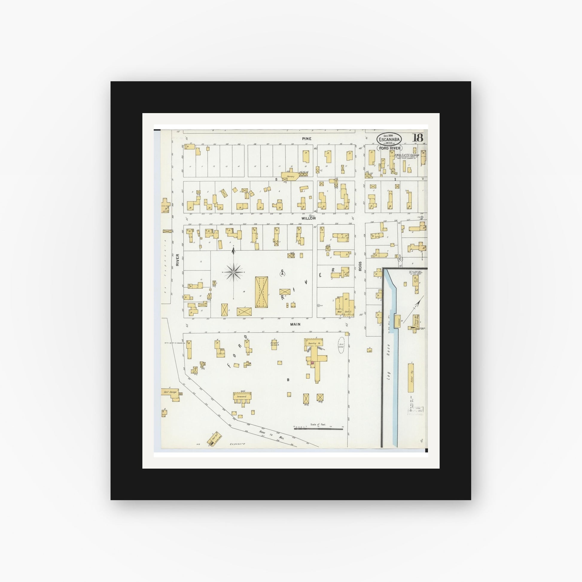 Old map wall art mockup — black gallery frame with white mat — Sanborn Fire Insurance Map from Escanaba, Delta County, Michigan (1899), Sheet #0018