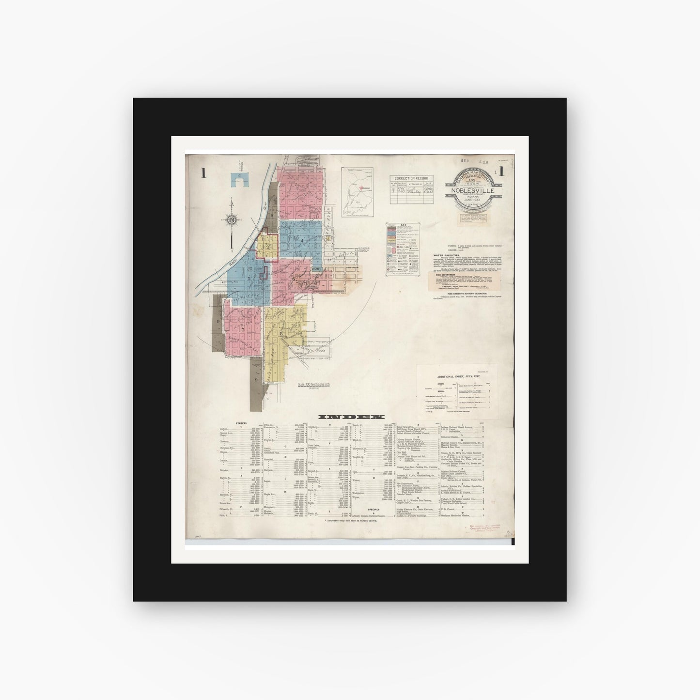 Old map wall art mockup — black gallery frame with white mat — Sanborn Fire Insurance Map from Noblesville, Hamilton County, Indiana (1947) - Complete Map Set