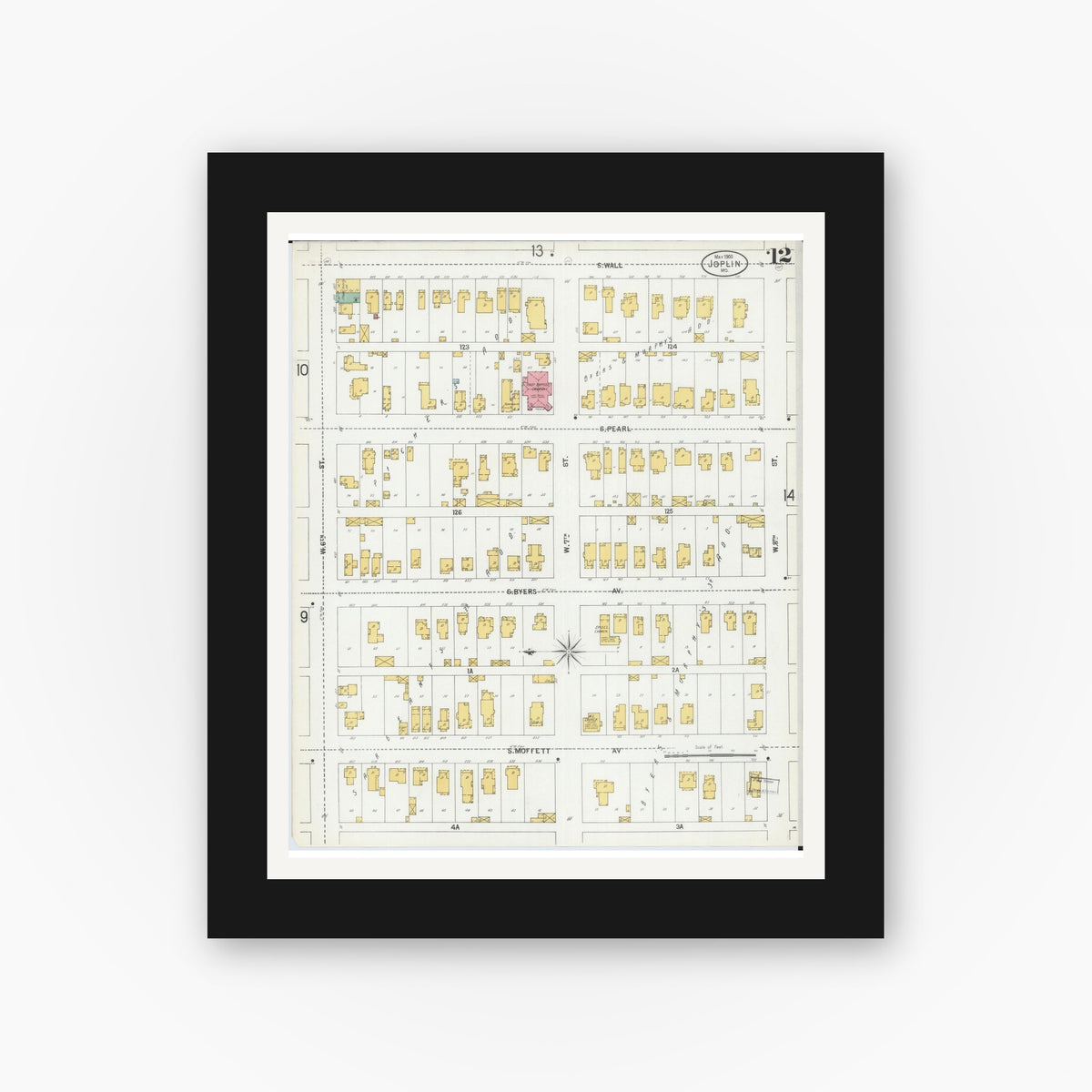 Old map wall art mockup — black gallery frame with white mat — Sanborn Fire Insurance Map from Joplin, Jasper County, Missouri (1900), Sheet #0012