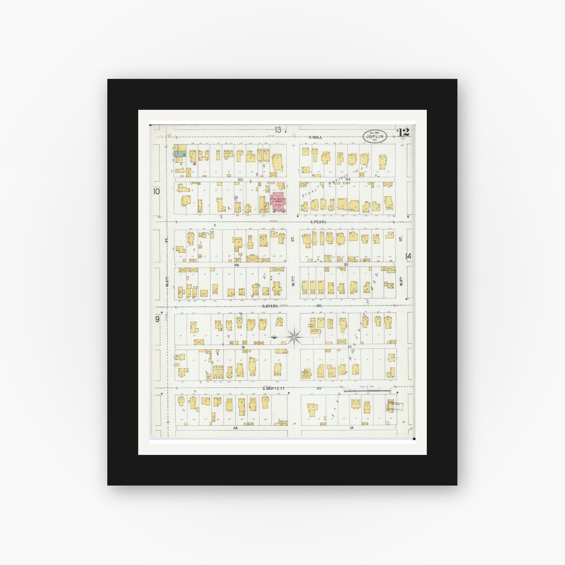 Old map wall art mockup — black gallery frame with white mat — Sanborn Fire Insurance Map from Joplin, Jasper County, Missouri (1900), Sheet #0012