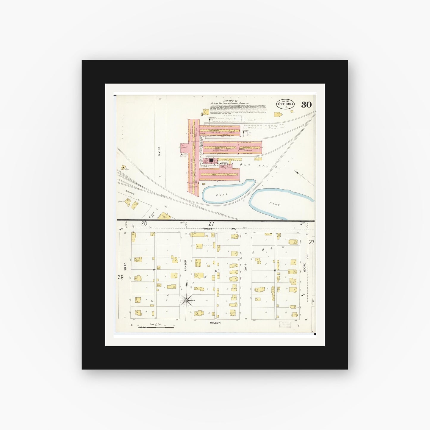 Old map wall art mockup — black gallery frame with white mat — Sanborn Fire Insurance Map from Ottumwa, Wapello County, Iowa (1902), Sheet #0030