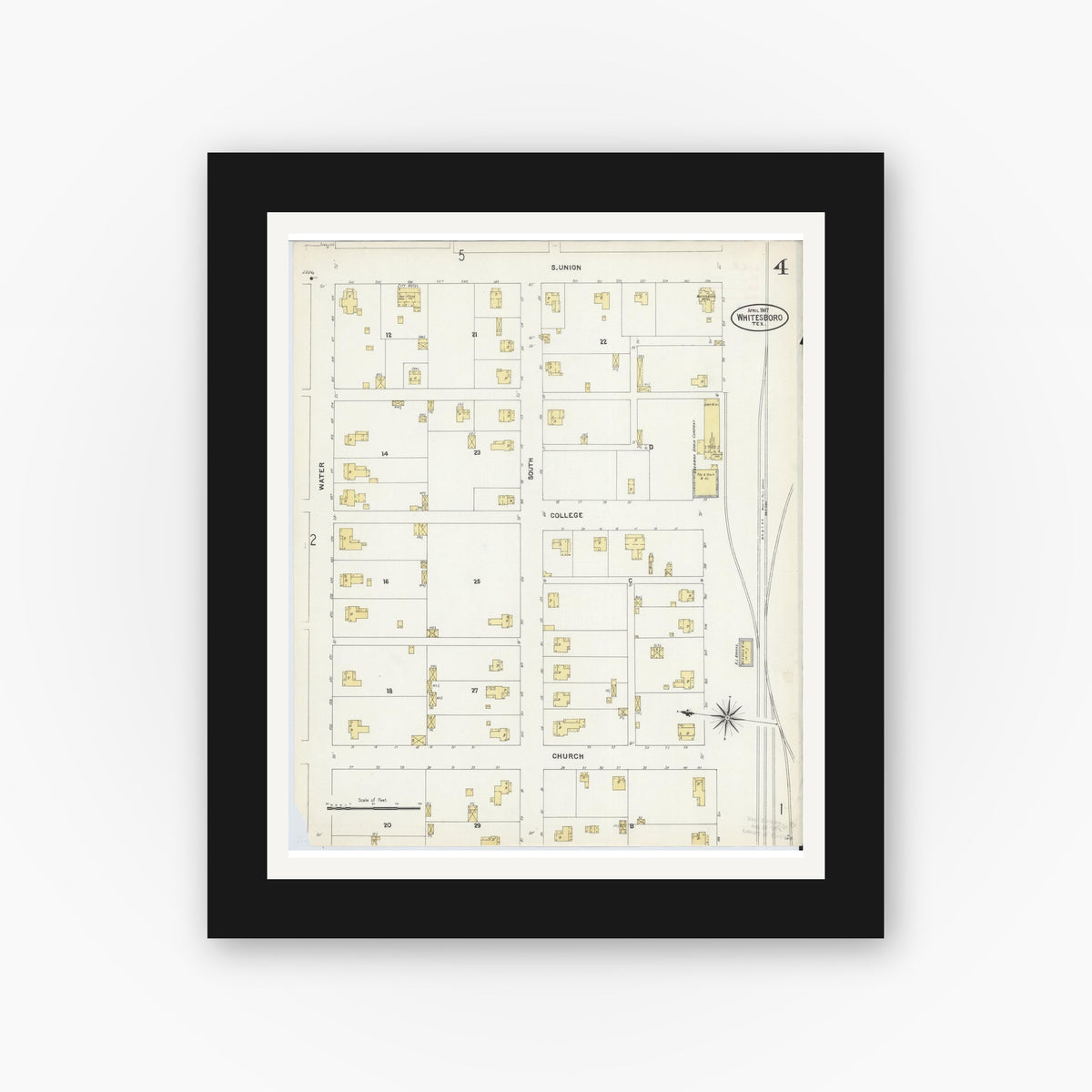 Old map wall art mockup — black gallery frame with white mat — Sanborn Fire Insurance Map from Whitesboro, Grayson County, Texas (1907), Sheet #0004
