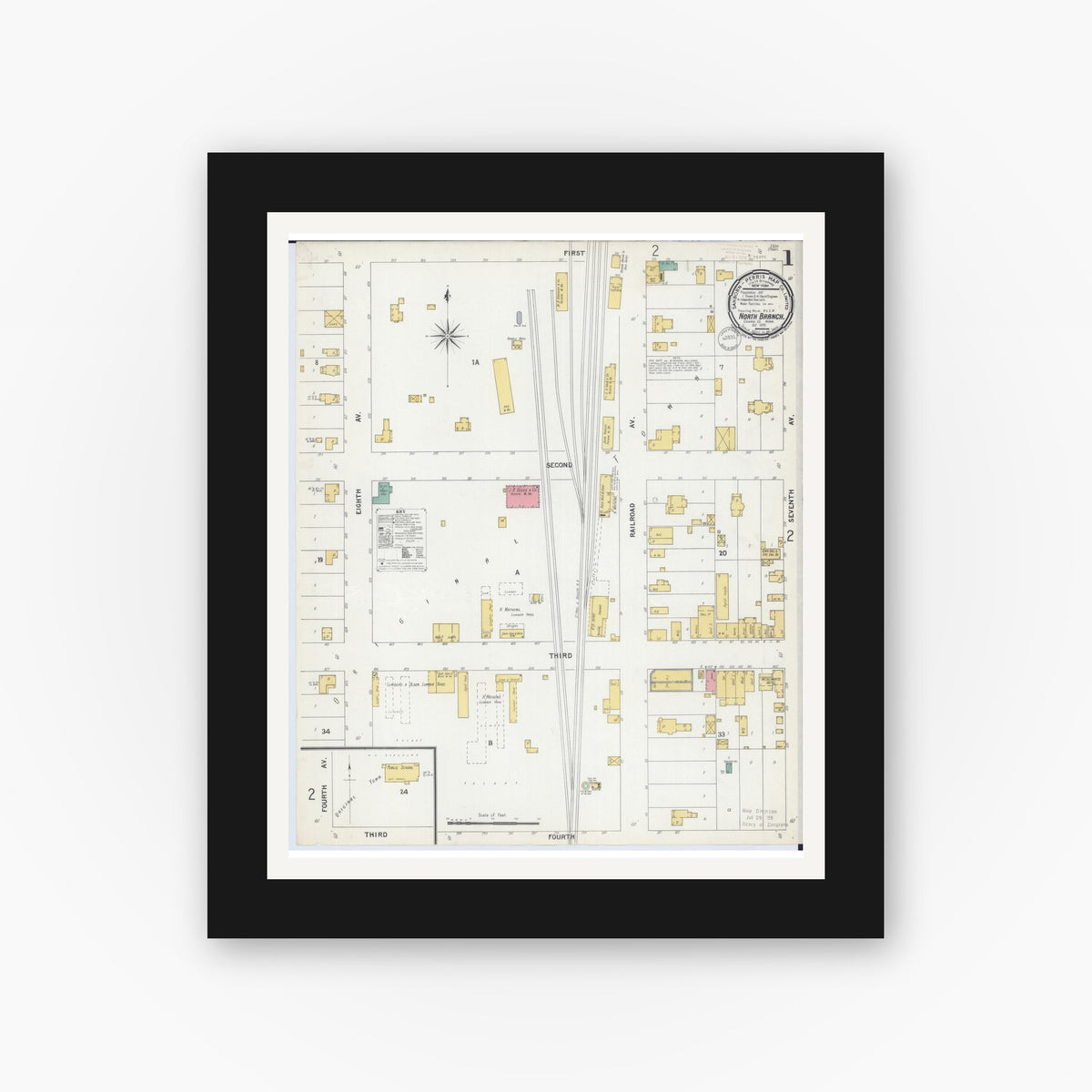 Old map wall art mockup — black gallery frame with white mat — Sanborn Fire Insurance Map from North Branch, Chisago County, Minnesota (1899) - Complete Map Set