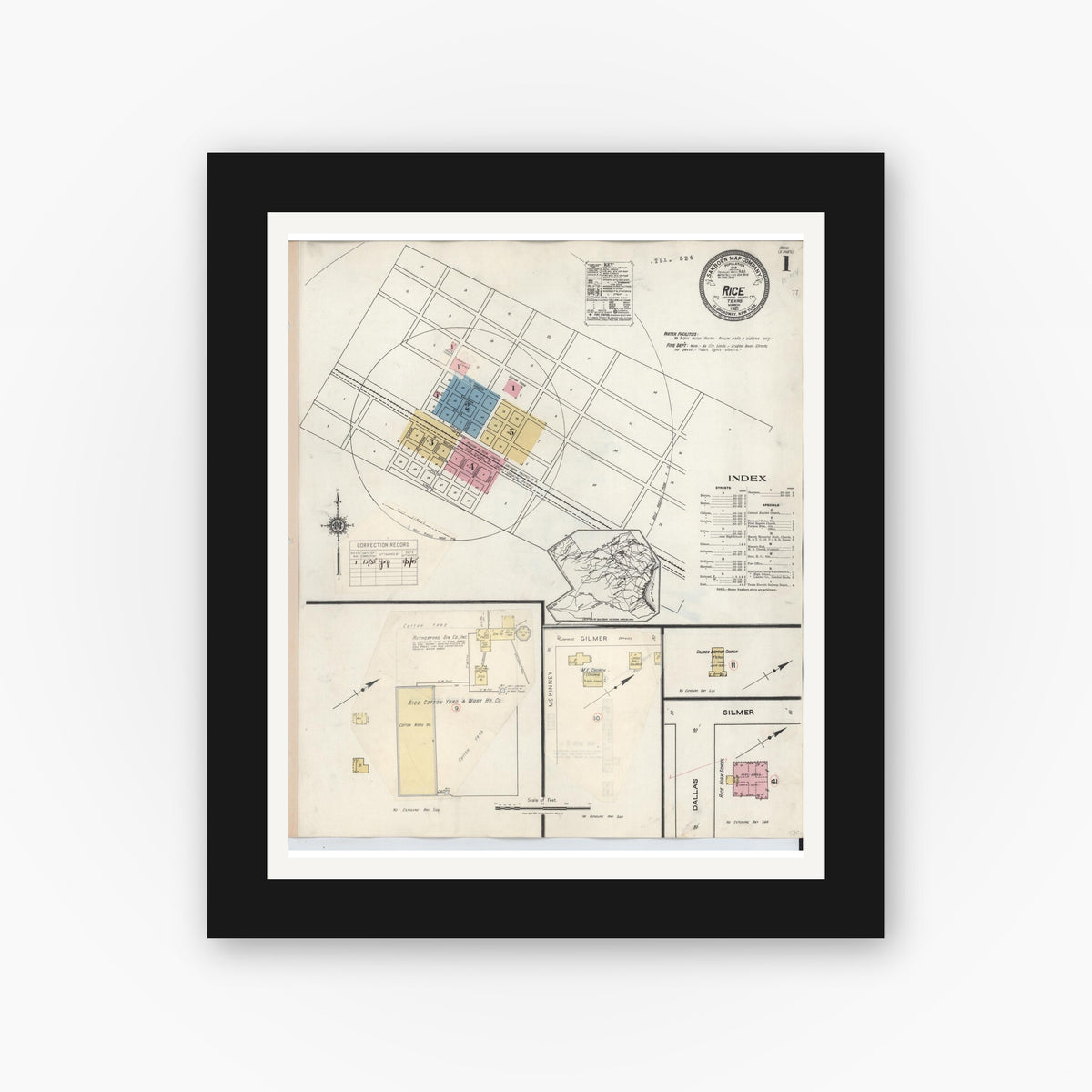 Old map wall art mockup — black gallery frame with white mat — Sanborn Fire Insurance Map from Rice, Navarro County, Texas (1935) - Complete Map Set