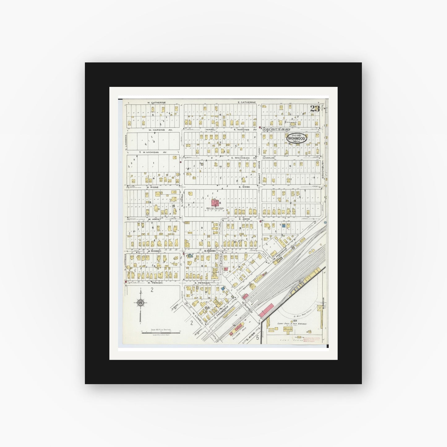 Old map wall art mockup — black gallery frame with white mat — Sanborn Fire Insurance Map from Ironwood, Gogebic County, Michigan (1921), Sheet #0023