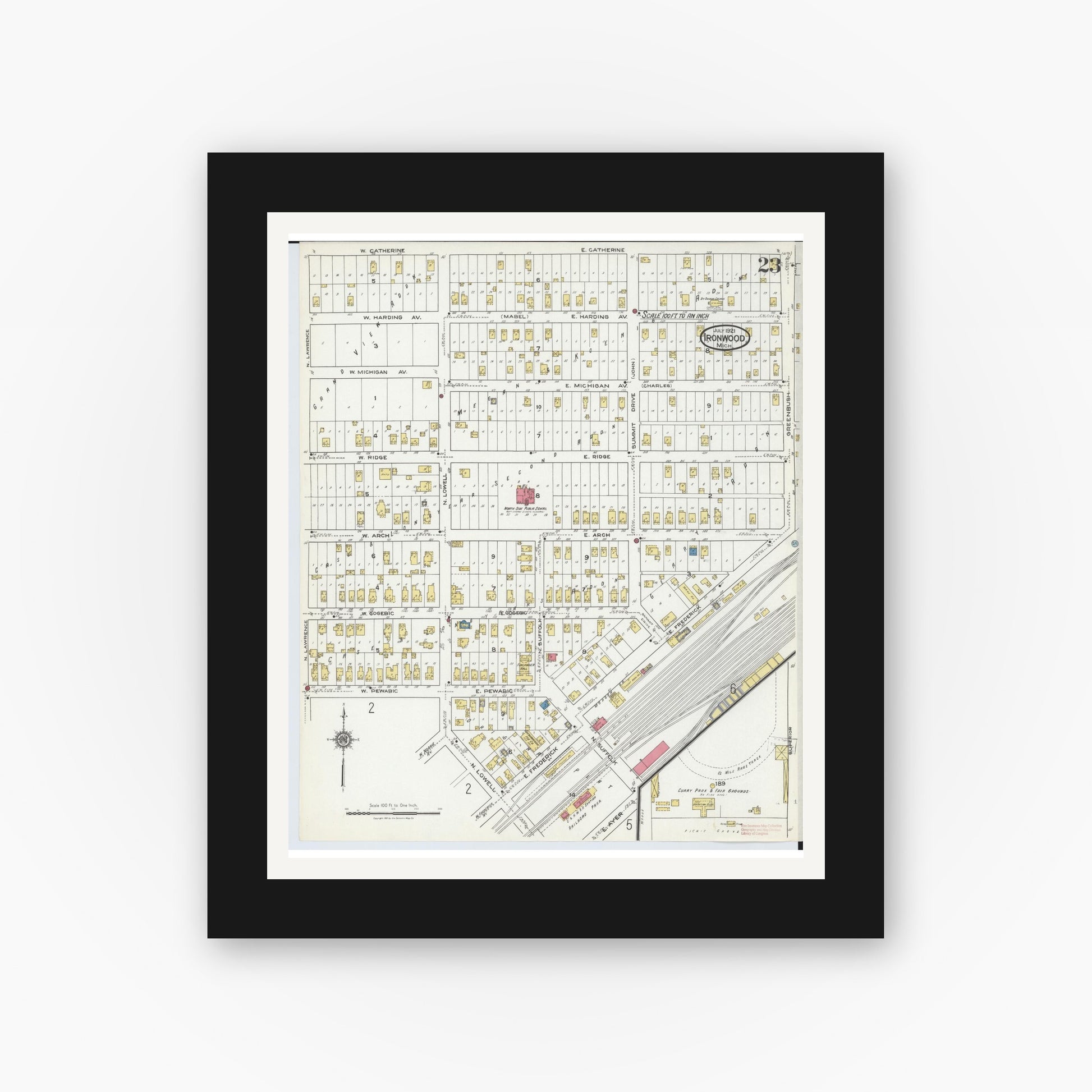Old map wall art mockup — black gallery frame with white mat — Sanborn Fire Insurance Map from Ironwood, Gogebic County, Michigan (1921), Sheet #0023