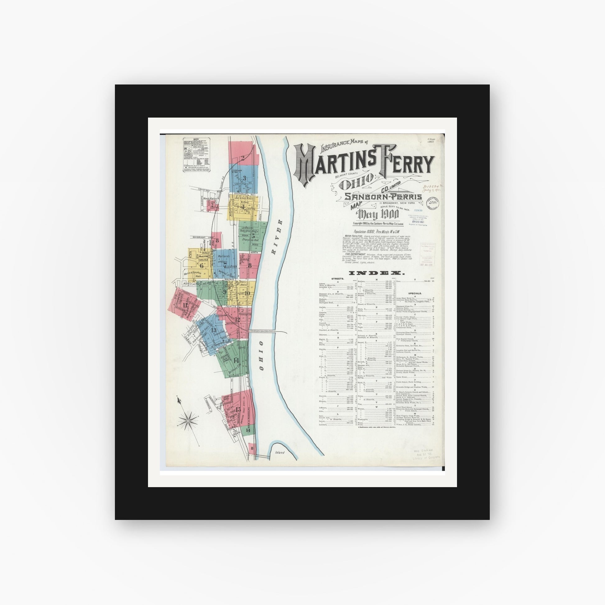 Old map wall art mockup — black gallery frame with white mat — Sanborn Fire Insurance Map from Martins Ferry, Belmont County, Ohio (1900) - Complete Map Set