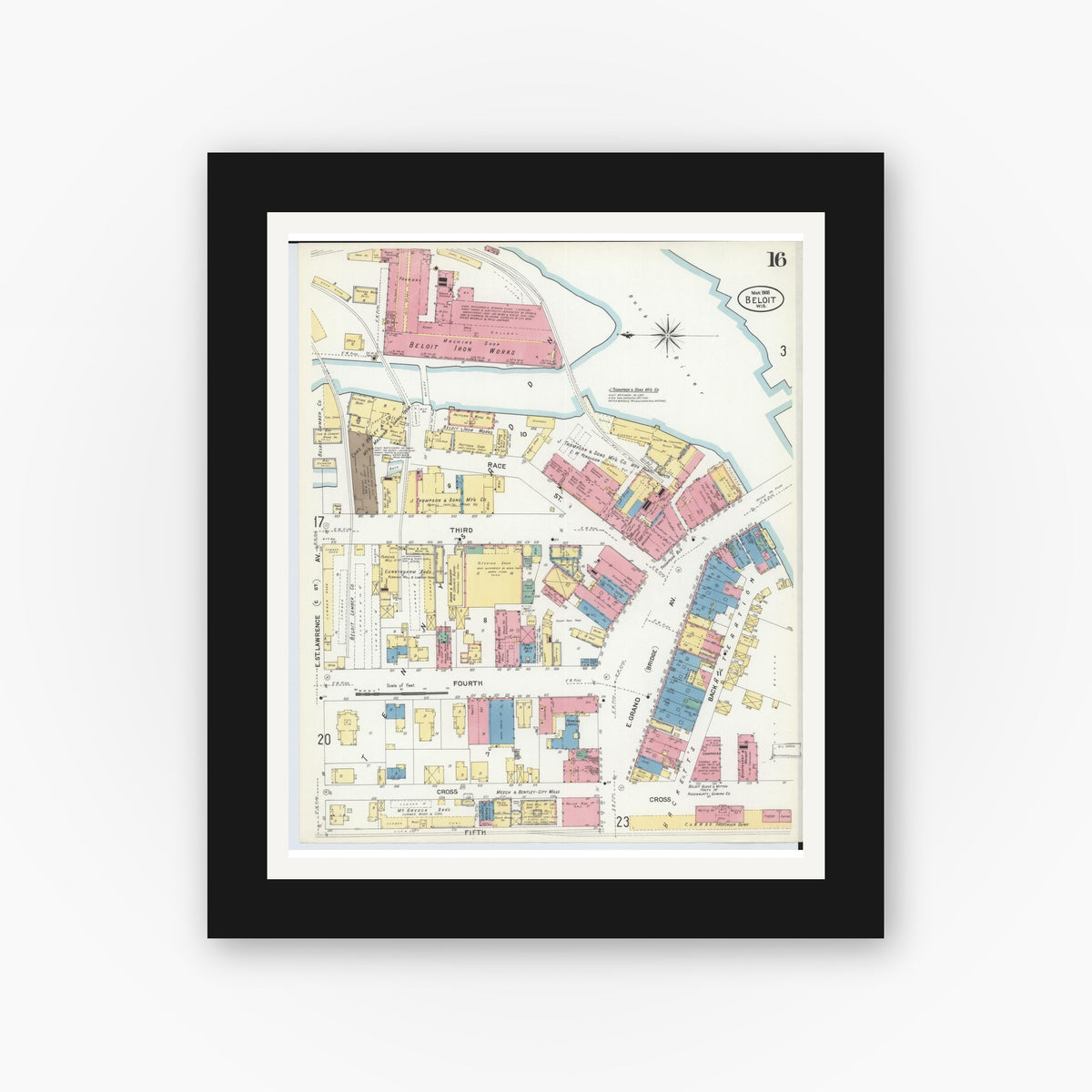 Old map wall art mockup — black gallery frame with white mat — Sanborn Fire Insurance Map from Beloit, Rock County, Wisconsin (1908), Sheet #0016