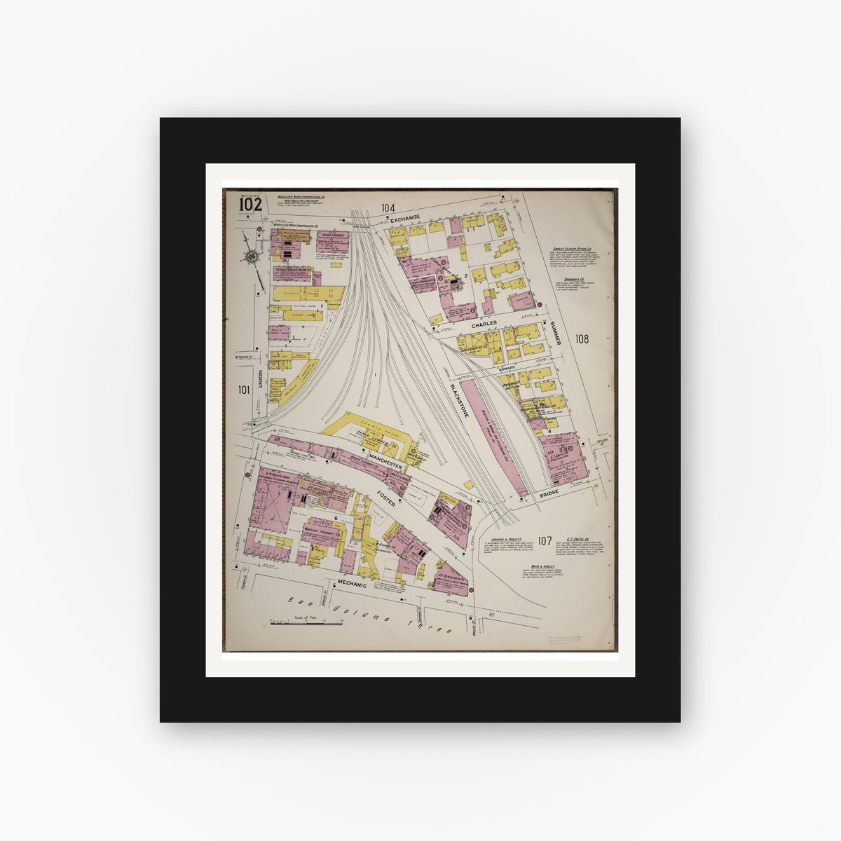 Old map wall art mockup — black gallery frame with white mat — Sanborn Fire Insurance Map from Worcester, Worcester County, Massachusetts (1910), Sheet #0102