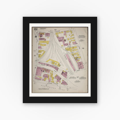 Old map wall art mockup — black gallery frame with white mat — Sanborn Fire Insurance Map from Worcester, Worcester County, Massachusetts (1910), Sheet #0102