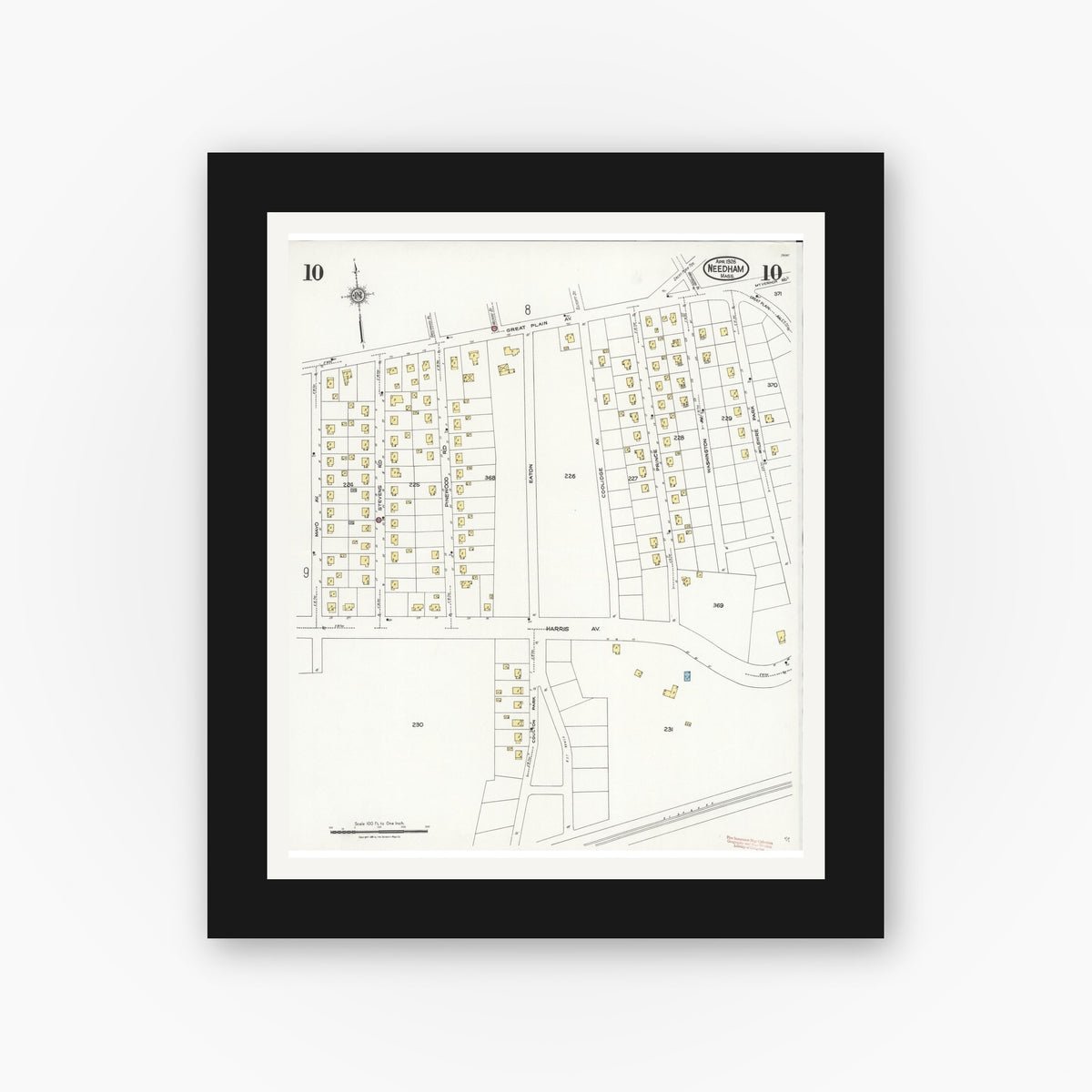 Old map wall art mockup — black gallery frame with white mat — Sanborn Fire Insurance Map from Needham, Norfolk County, Massachusetts (1926), Sheet #0010