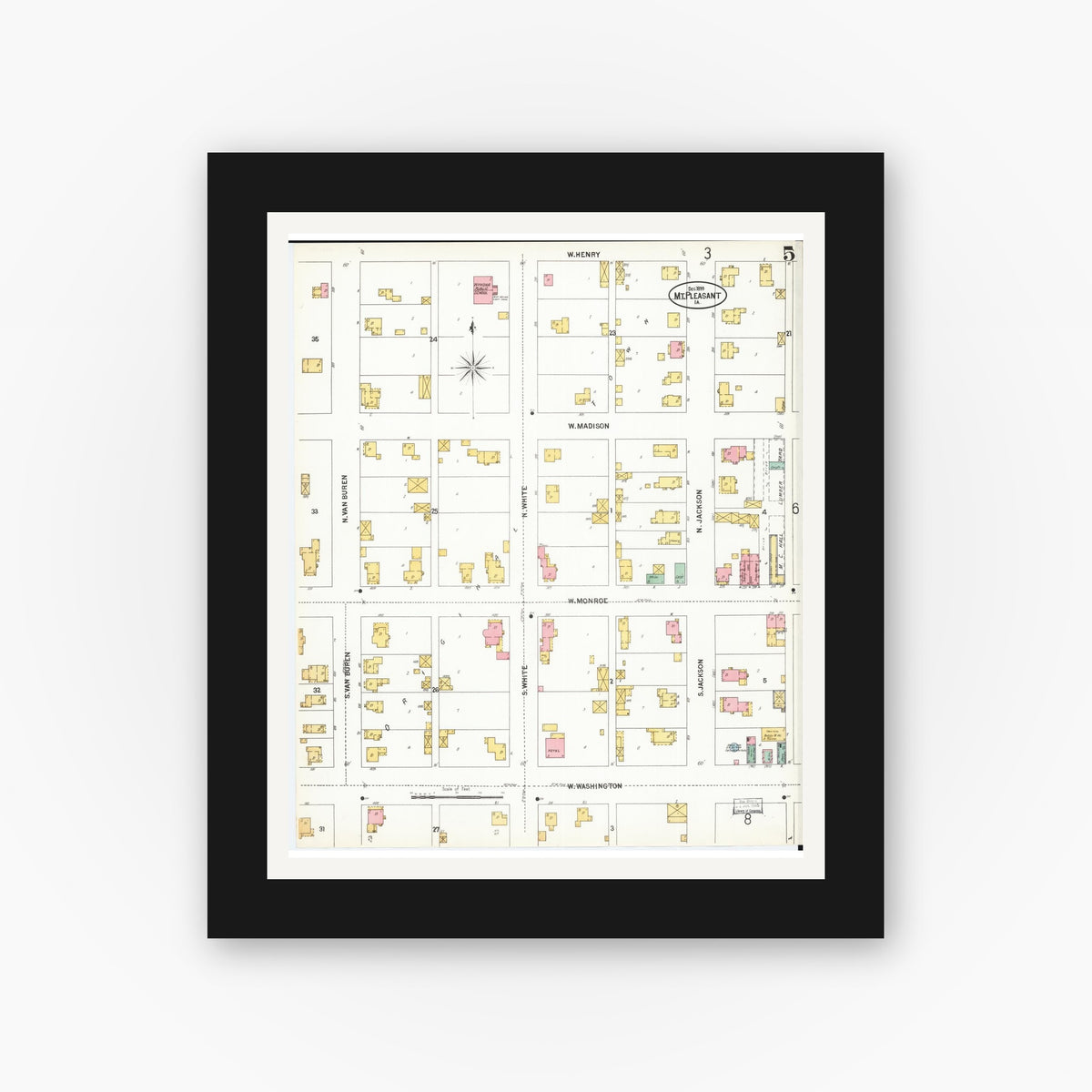 Old map wall art mockup — black gallery frame with white mat — Sanborn Fire Insurance Map from Mount Pleasant, Henry County, Iowa (1899), Sheet #0005