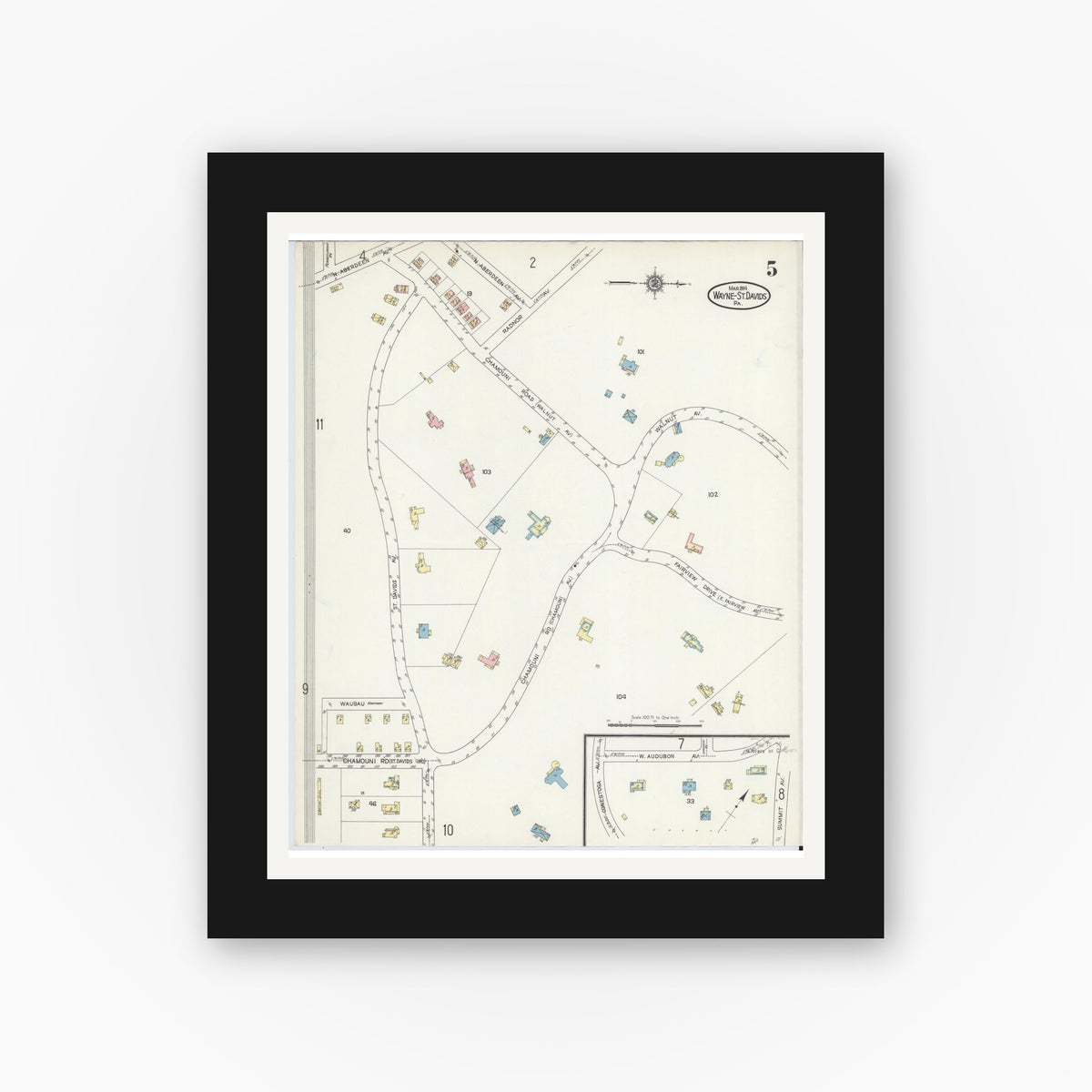 Old map wall art mockup — black gallery frame with white mat — Sanborn Fire Insurance Map from Wayne, Delaware County, Pennsylvania (1914), Sheet #0005