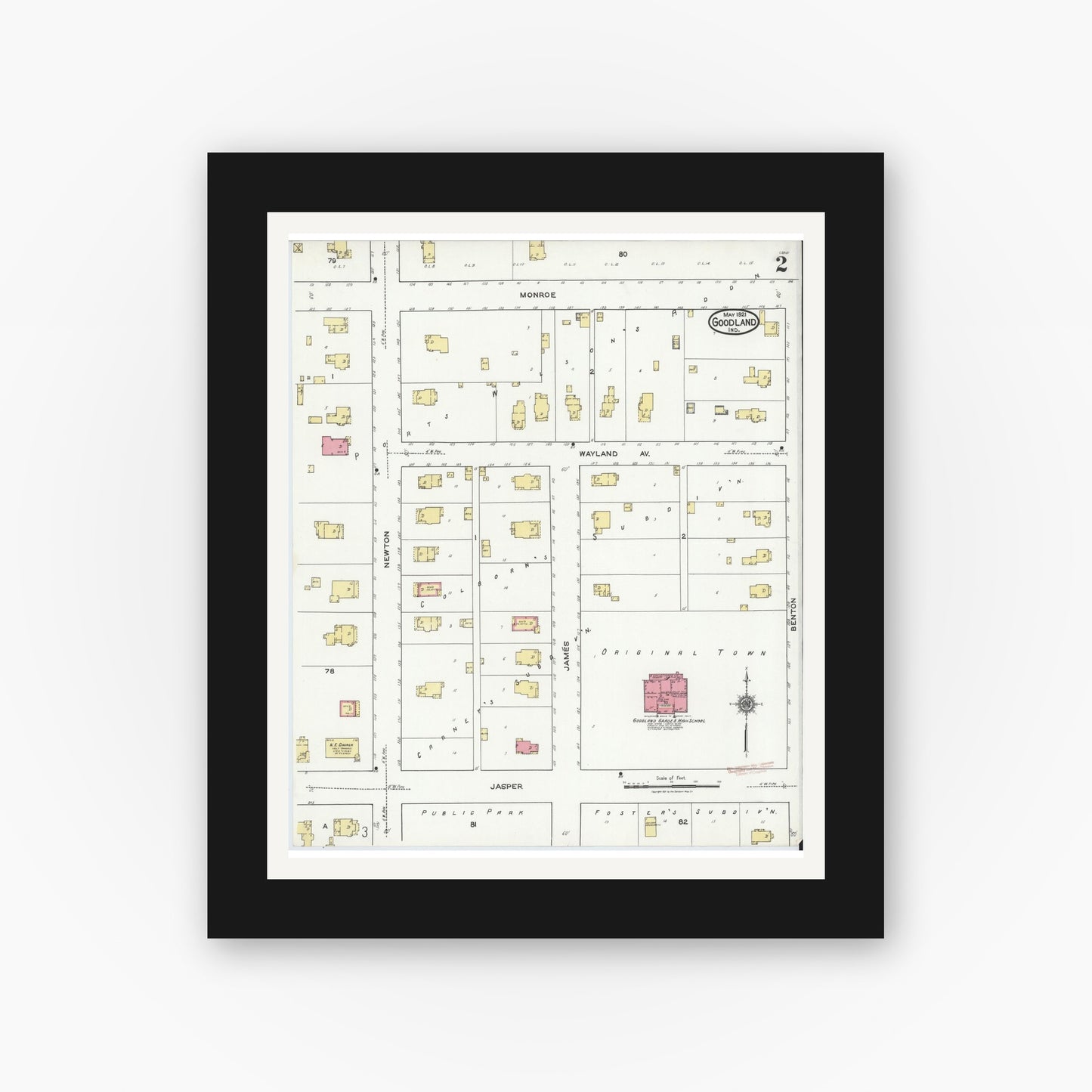 Old map wall art mockup — black gallery frame with white mat — Sanborn Fire Insurance Map from Goodland, Newton County, Indiana (1921), Sheet #0002