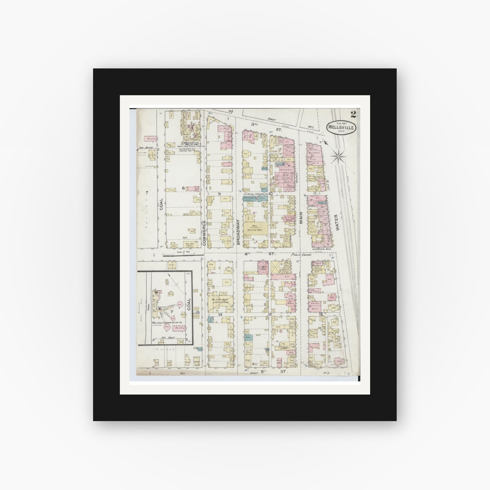 Old map wall art mockup — black gallery frame with white mat — Sanborn Fire Insurance Map from Wellsville, Columbiana County, Ohio (1887), Sheet #0002