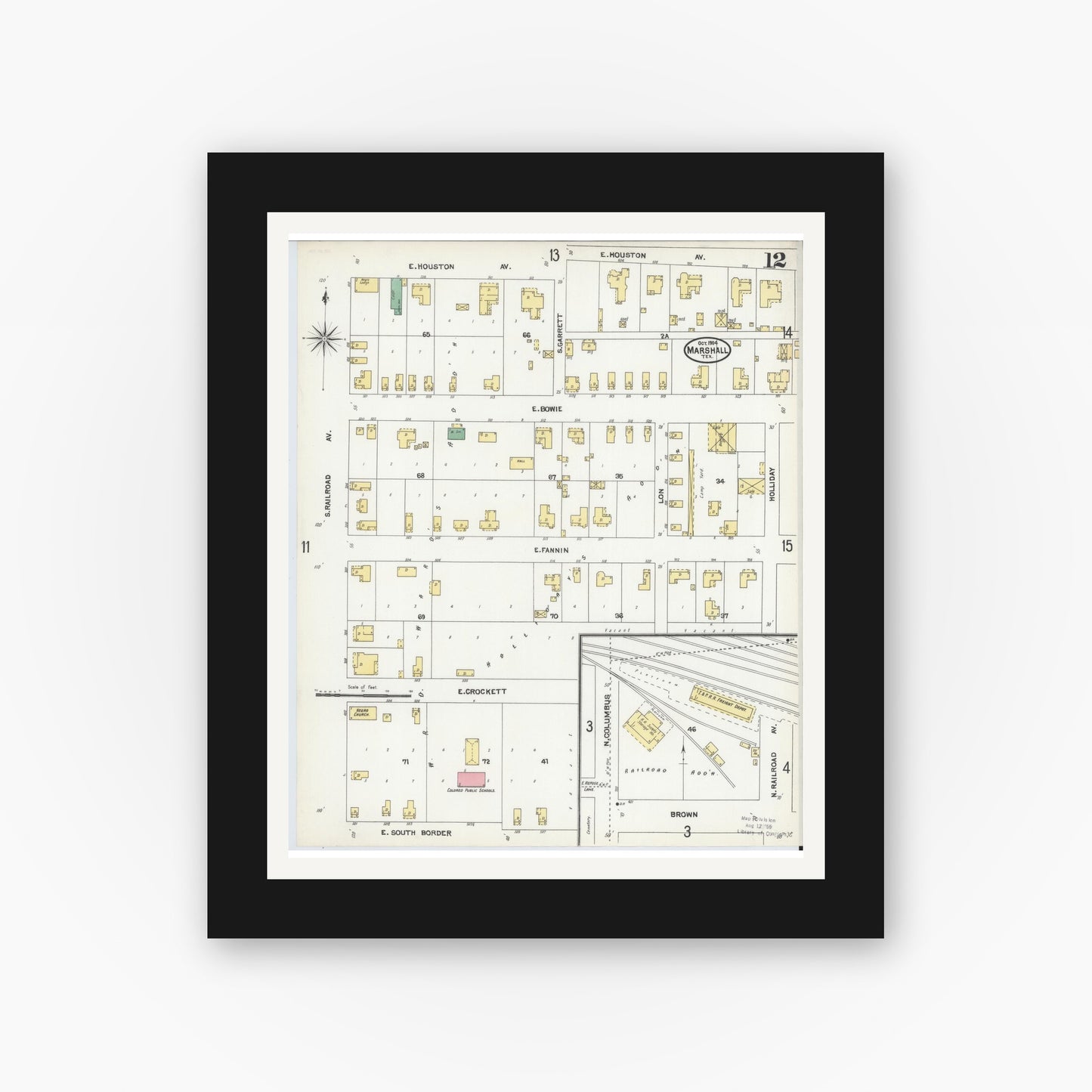 Old map wall art mockup — black gallery frame with white mat — Sanborn Fire Insurance Map from Marshall, Harrison County, Texas (1904), Sheet #0012