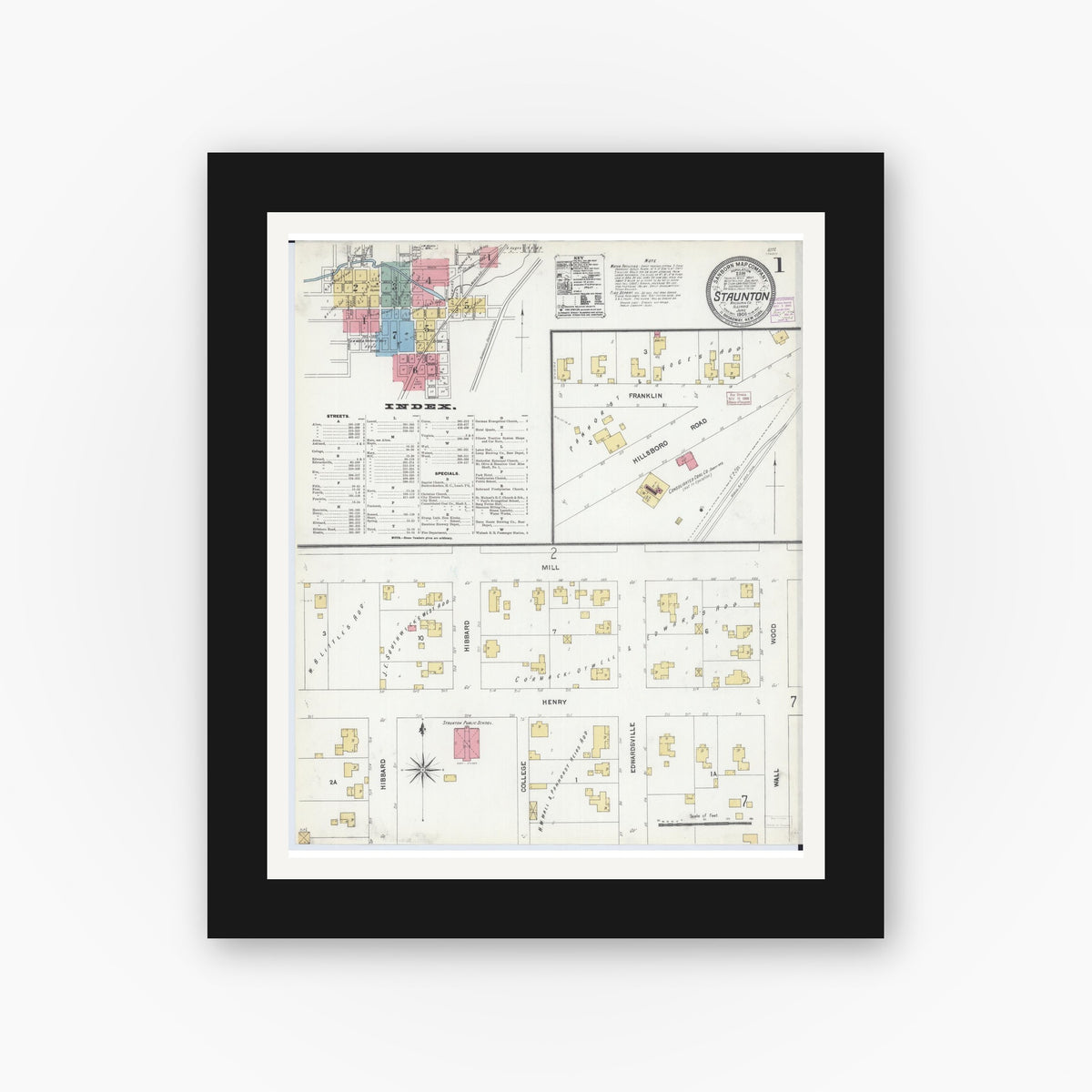 Old map wall art mockup — black gallery frame with white mat — Sanborn Fire Insurance Map from Staunton, Macoupin County, Illinois (1906), Sheet #0001