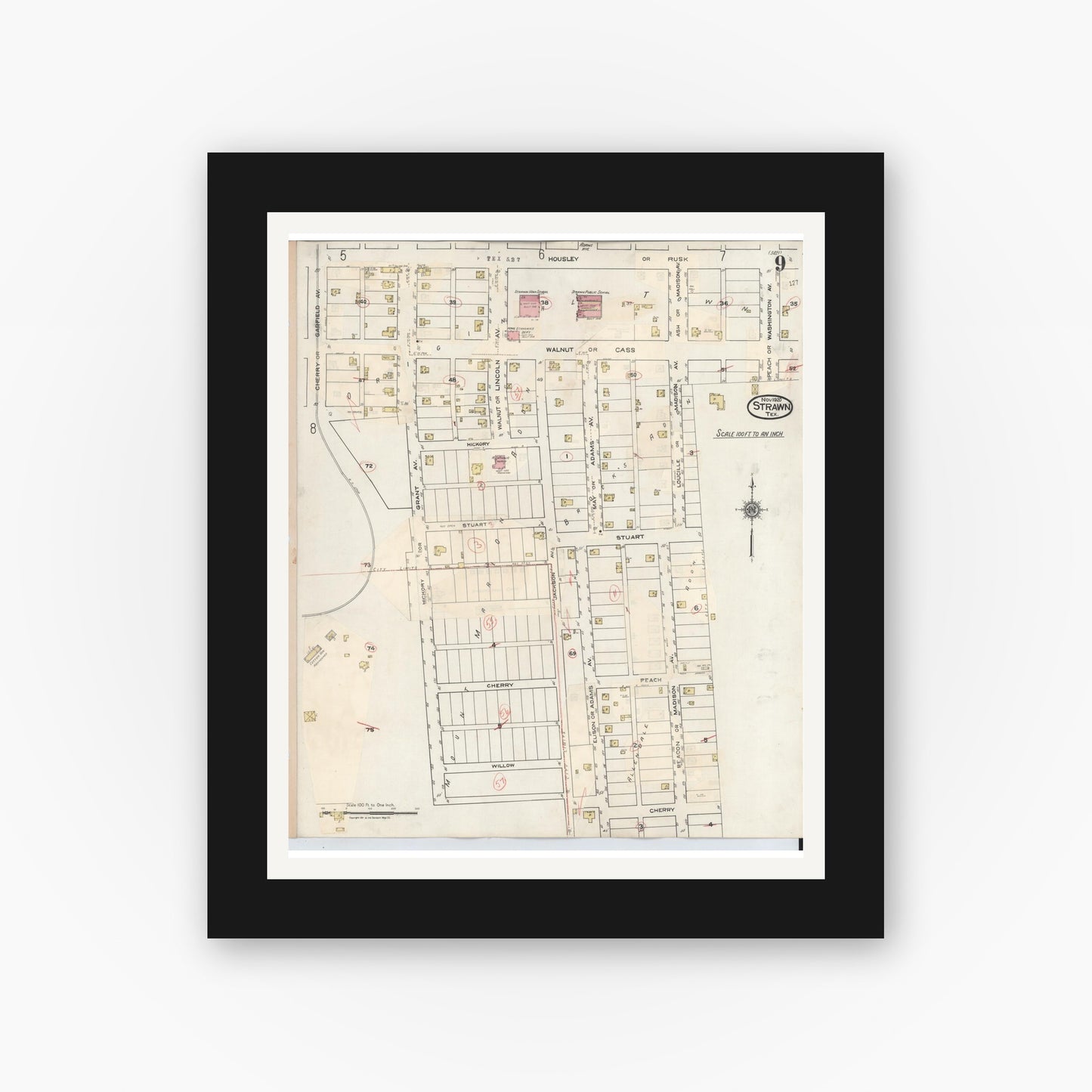 Old map wall art mockup — black gallery frame with white mat — Sanborn Fire Insurance Map from Strawn, Palo Pinto County, Texas (1944), Sheet #0009