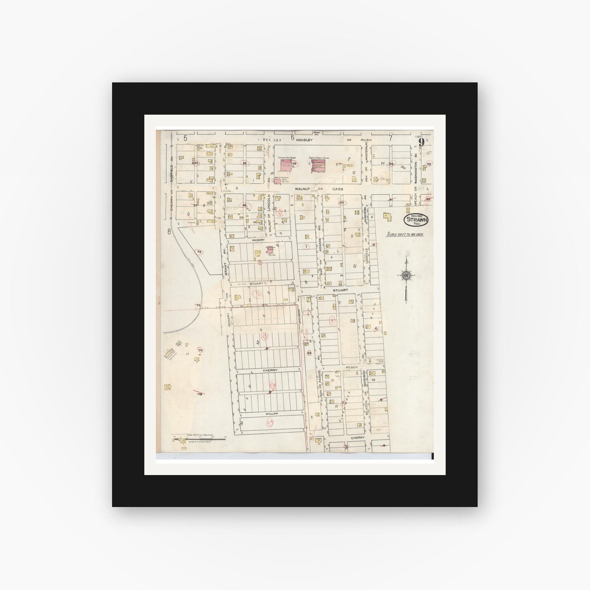 Old map wall art mockup — black gallery frame with white mat — Sanborn Fire Insurance Map from Strawn, Palo Pinto County, Texas (1944), Sheet #0009