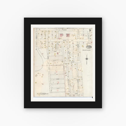 Old map wall art mockup — black gallery frame with white mat — Sanborn Fire Insurance Map from Strawn, Palo Pinto County, Texas (1944), Sheet #0009
