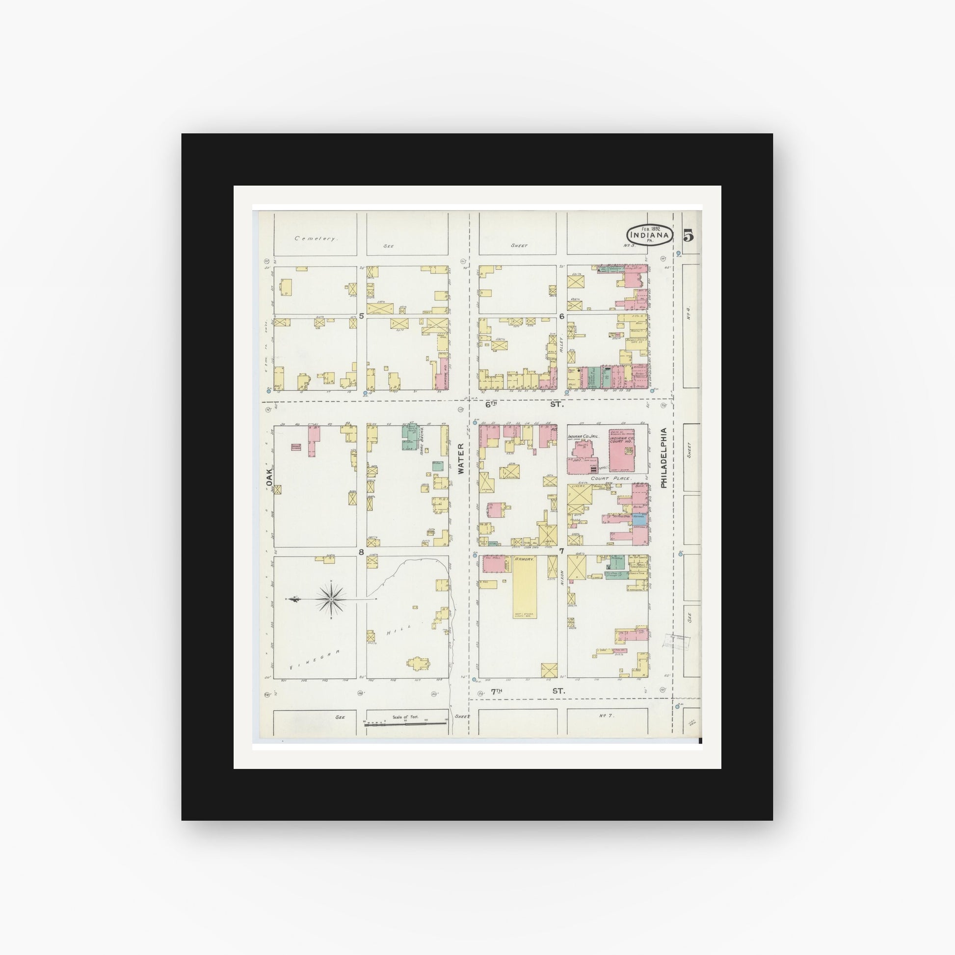 Old map wall art mockup — black gallery frame with white mat — Sanborn Fire Insurance Map from Indiana, Indiana County, Pennsylvania (1892), Sheet #0005