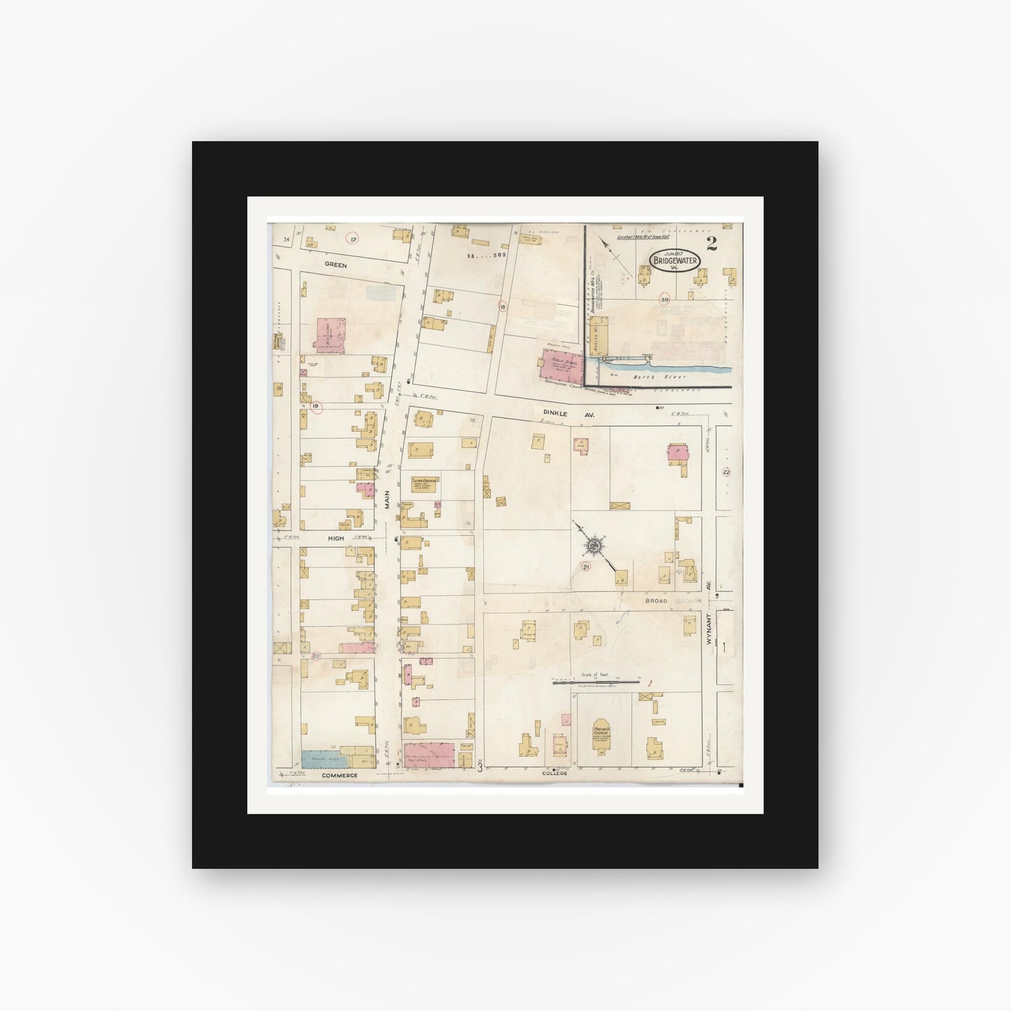 Old map wall art mockup — black gallery frame with white mat — Sanborn Fire Insurance Map from Bridgewater, Rockingham County, Virginia (1917), Sheet #0002