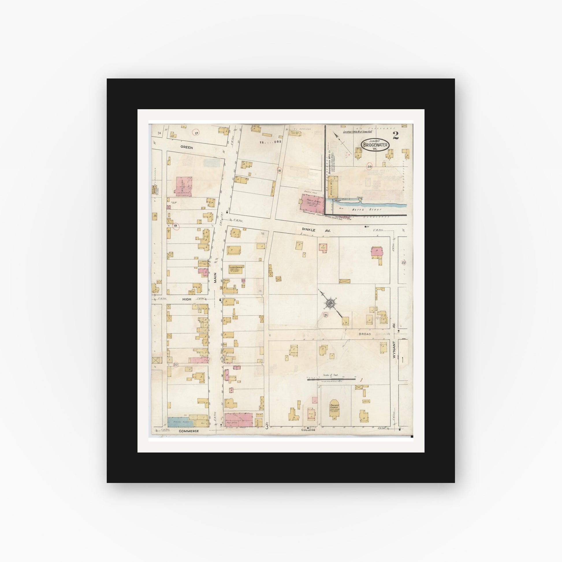 Old map wall art mockup — black gallery frame with white mat — Sanborn Fire Insurance Map from Bridgewater, Rockingham County, Virginia (1917), Sheet #0002