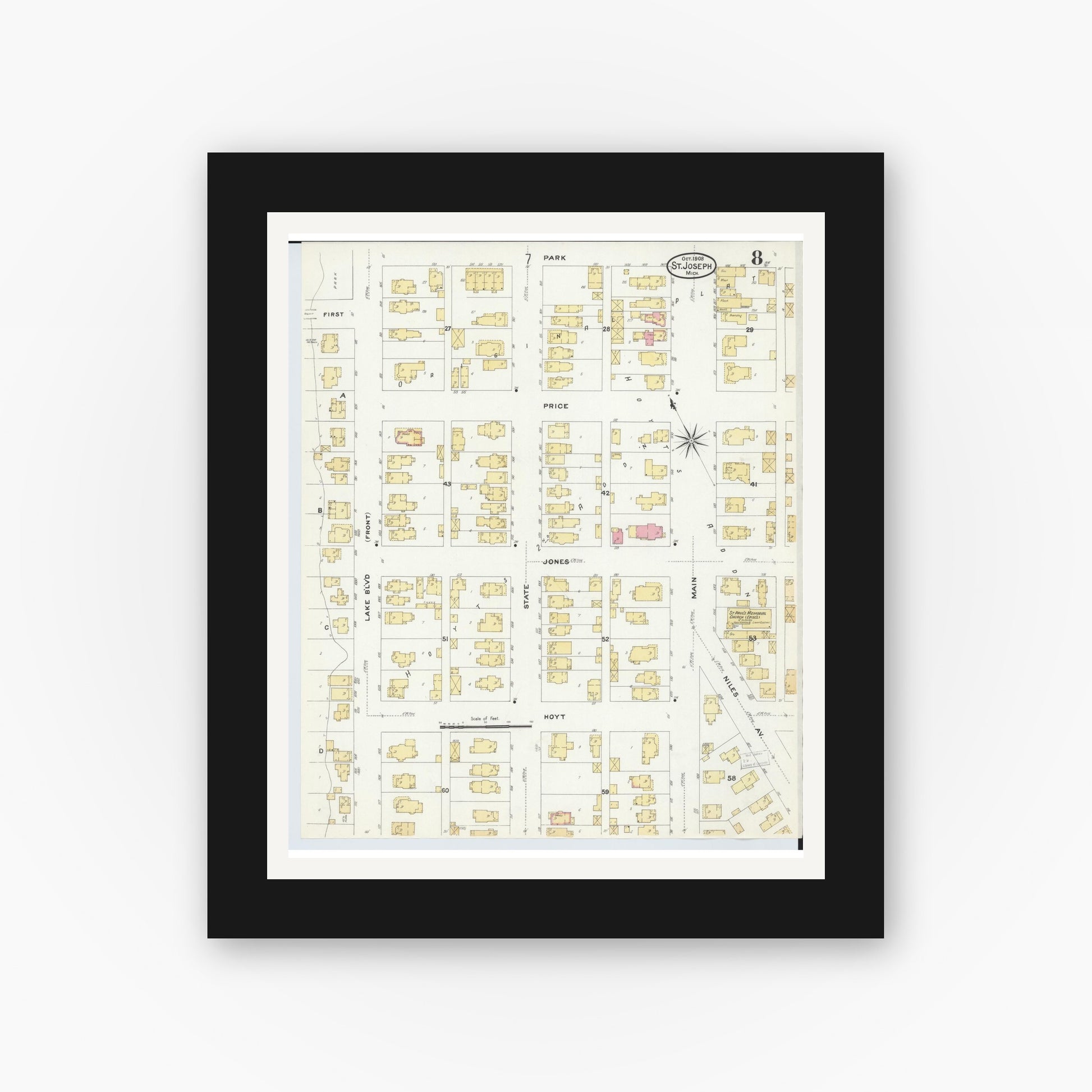 Old map wall art mockup — black gallery frame with white mat — Sanborn Fire Insurance Map from Saint Joseph, Berrien County, Michigan (1908), Sheet #0008