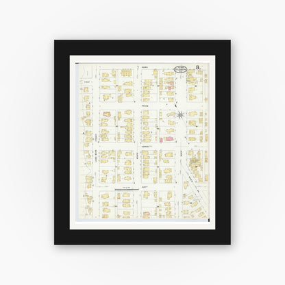 Old map wall art mockup — black gallery frame with white mat — Sanborn Fire Insurance Map from Saint Joseph, Berrien County, Michigan (1908), Sheet #0008
