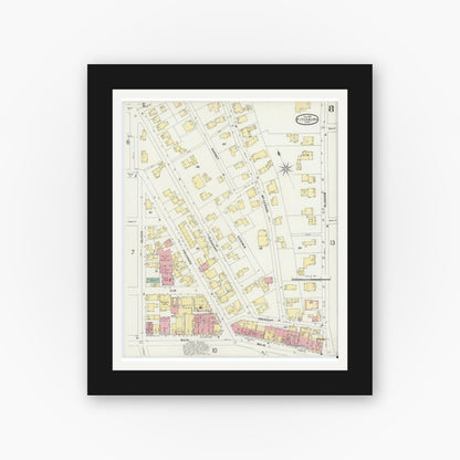 Old map wall art mockup — black gallery frame with white mat — Sanborn Fire Insurance Map from Fitchburg, Worcester County, Massachusetts (1897), Sheet #0008