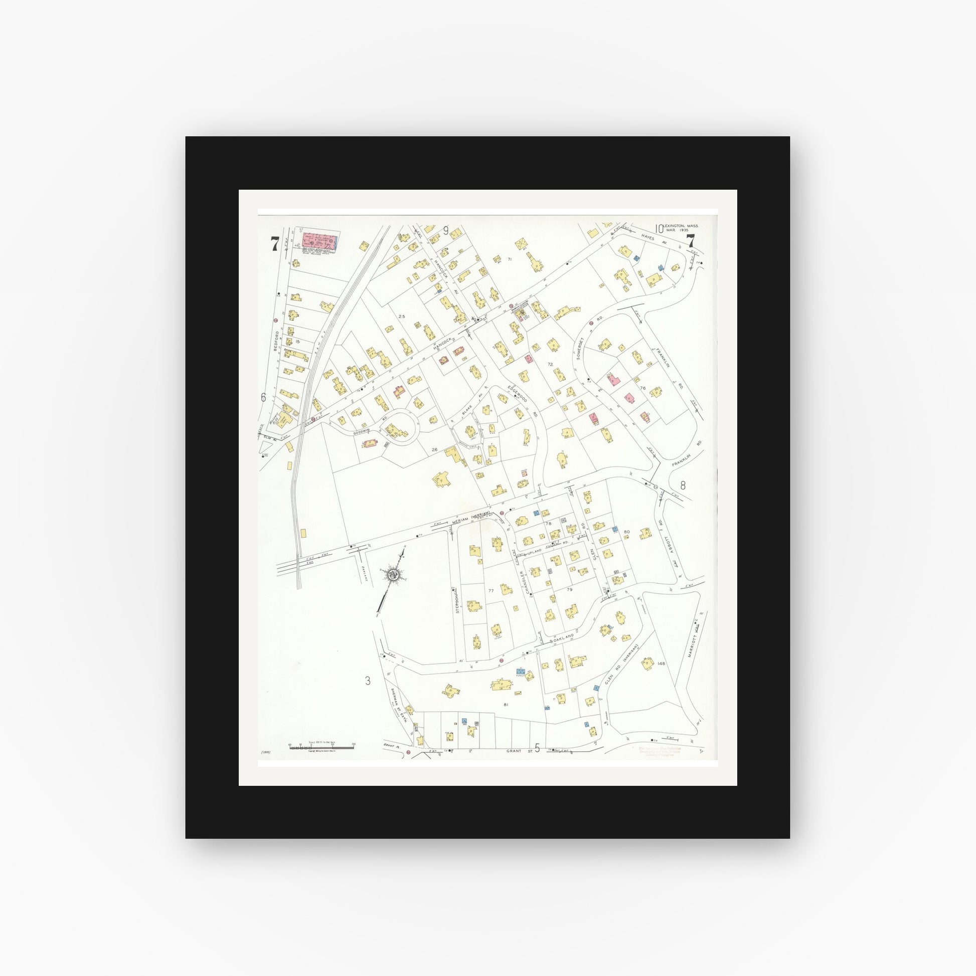 Old map wall art mockup — black gallery frame with white mat — Sanborn Fire Insurance Map from Lexington, Middlesex County, Massachusetts (1935), Sheet #0007