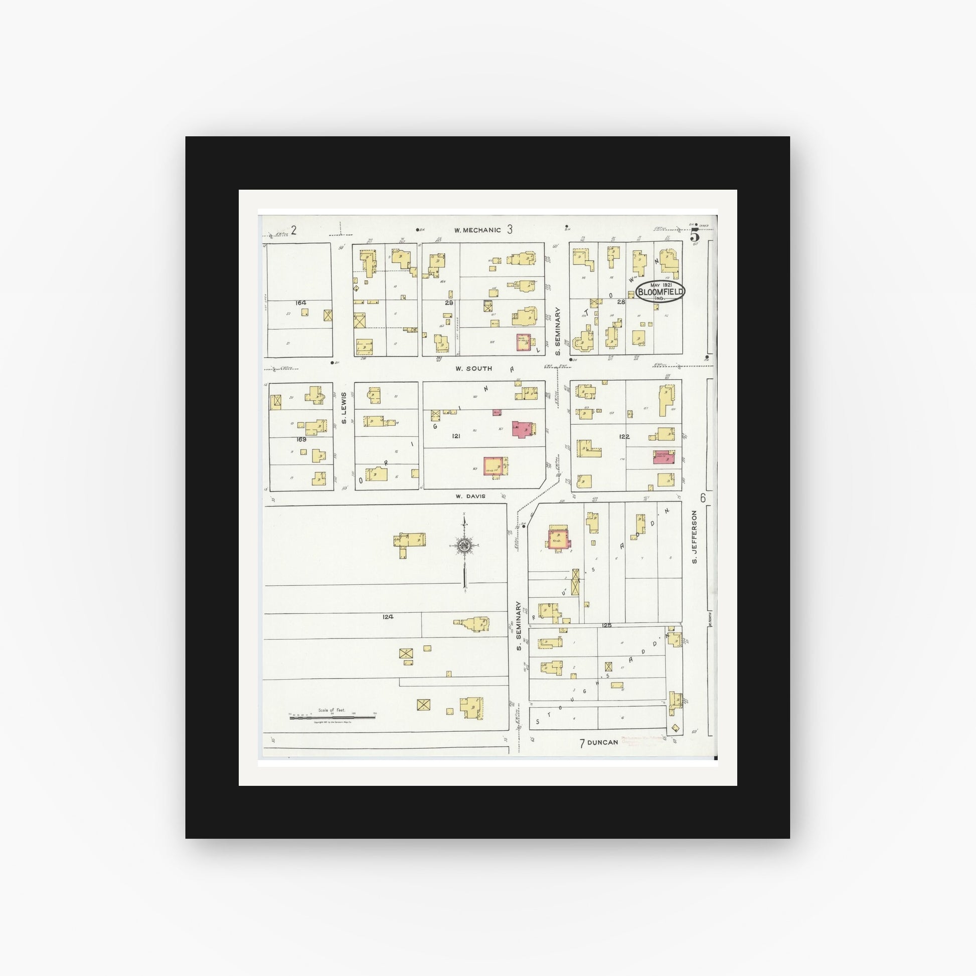 Old map wall art mockup — black gallery frame with white mat — Sanborn Fire Insurance Map from Bloomfield, Greene County, Indiana (1921), Sheet #0005