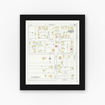 Old map wall art mockup — black gallery frame with white mat — Sanborn Fire Insurance Map from Bloomfield, Greene County, Indiana (1921), Sheet #0005