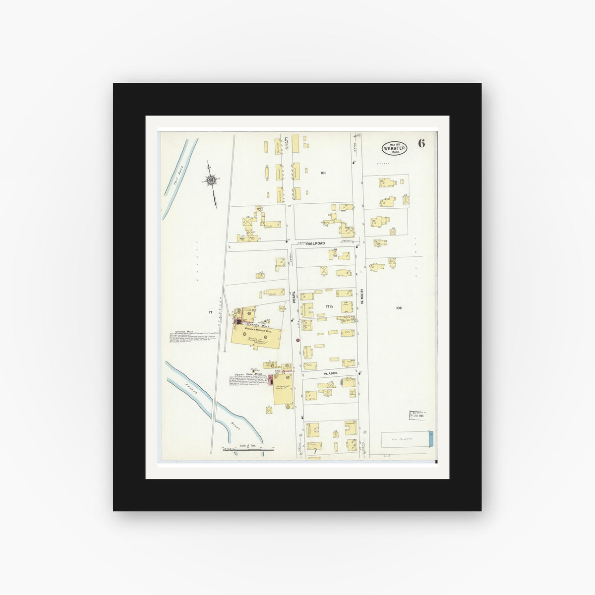 Old map wall art mockup — black gallery frame with white mat — Sanborn Fire Insurance Map from Webster, Worcester County, Massachusetts (1911), Sheet #0006