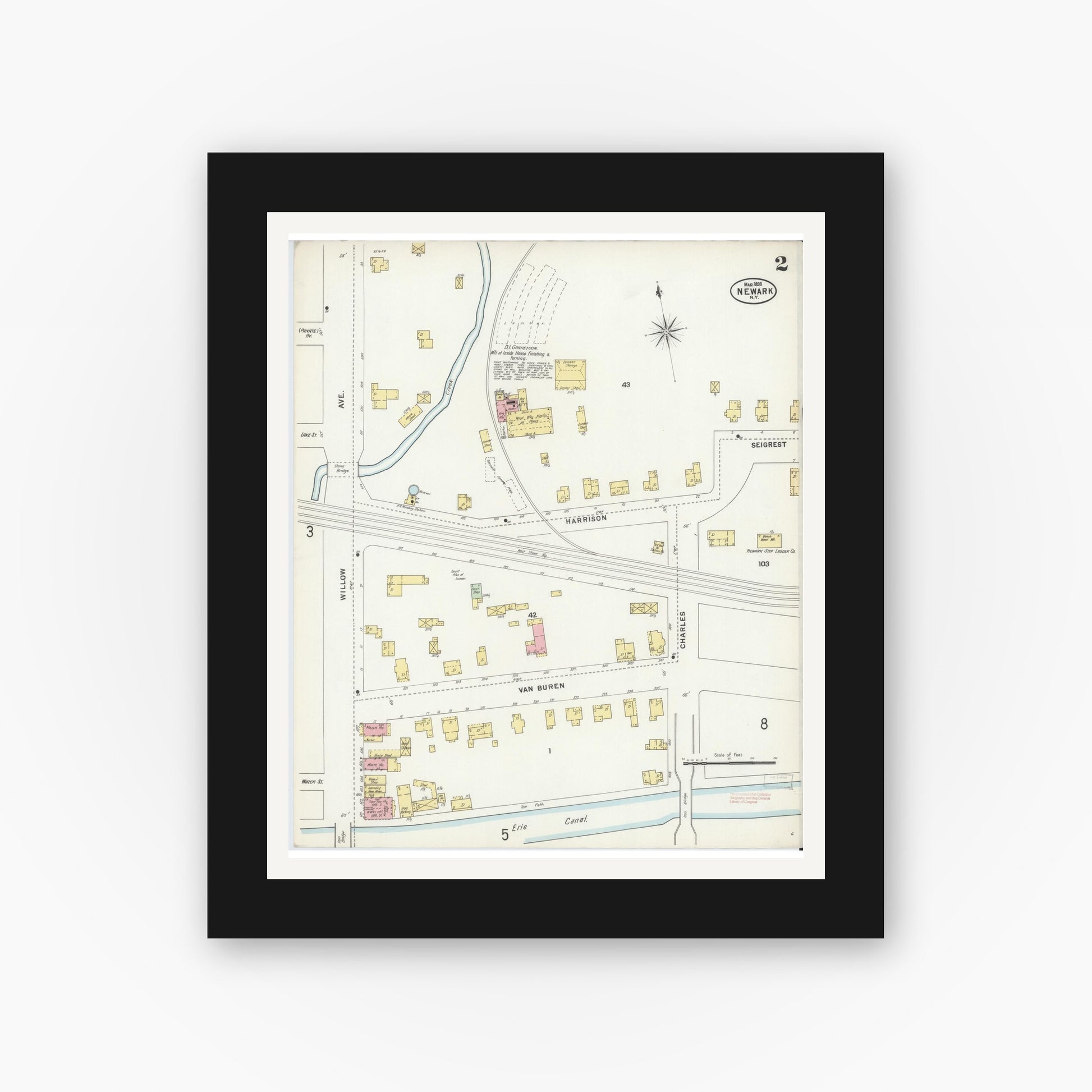 Old map wall art mockup — black gallery frame with white mat — Sanborn Fire Insurance Map from Newark, Wayne County, New York (1898), Sheet #0002