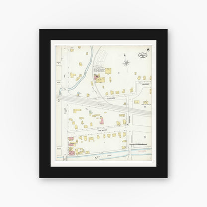 Old map wall art mockup — black gallery frame with white mat — Sanborn Fire Insurance Map from Newark, Wayne County, New York (1898), Sheet #0002