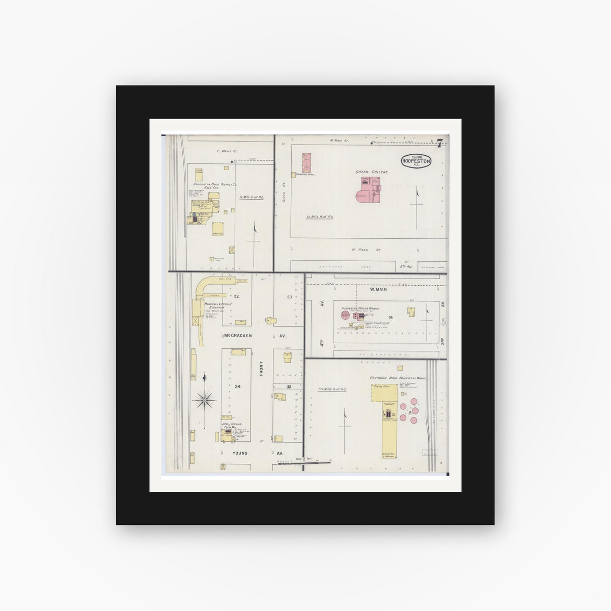 Old map wall art mockup — black gallery frame with white mat — Sanborn Fire Insurance Map from Hoopeston, Vermilion County, Illinois (1895), Sheet #0007
