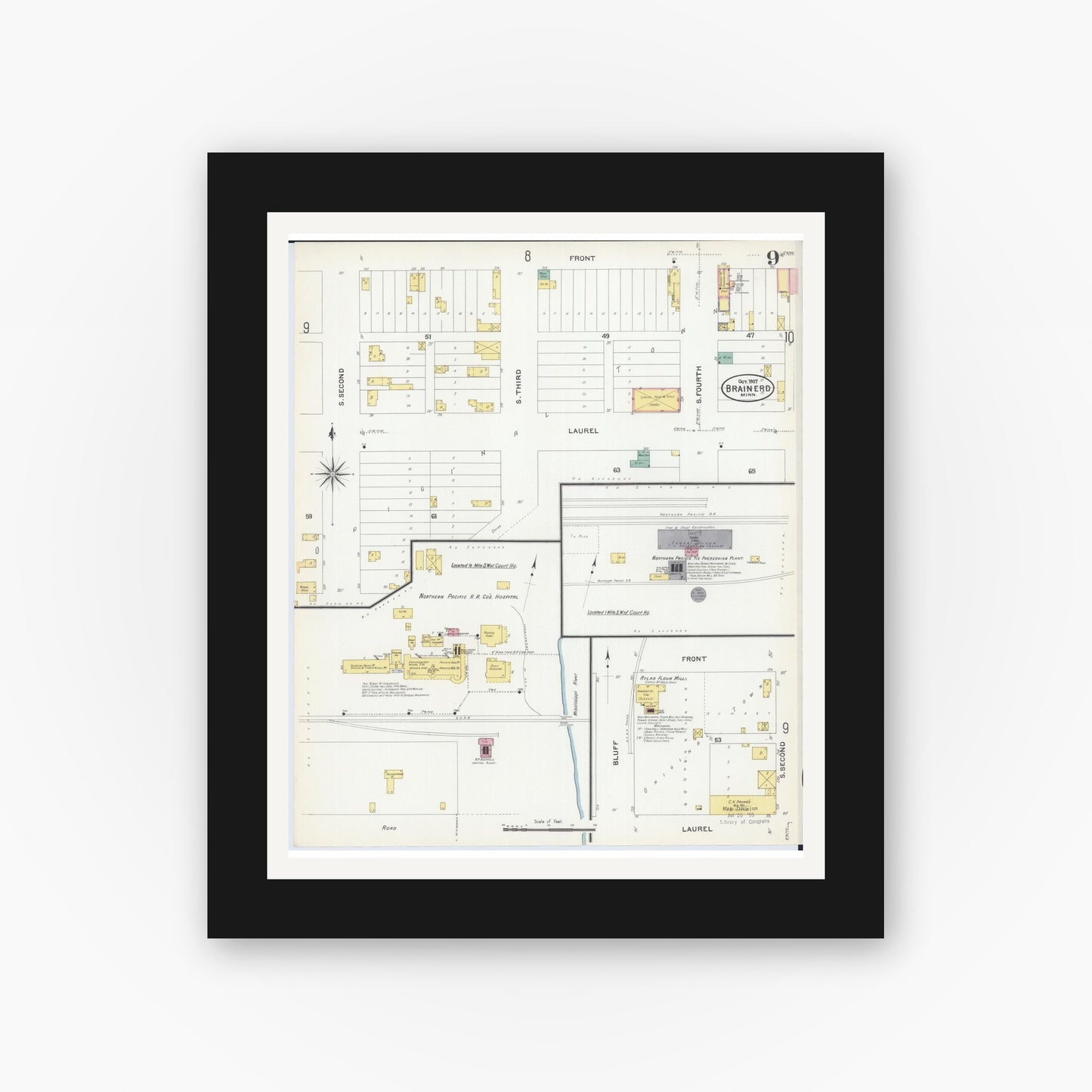 Old map wall art mockup — black gallery frame with white mat — Sanborn Fire Insurance Map from Brainerd, Crow Wing County, Minnesota (1907), Sheet #0009