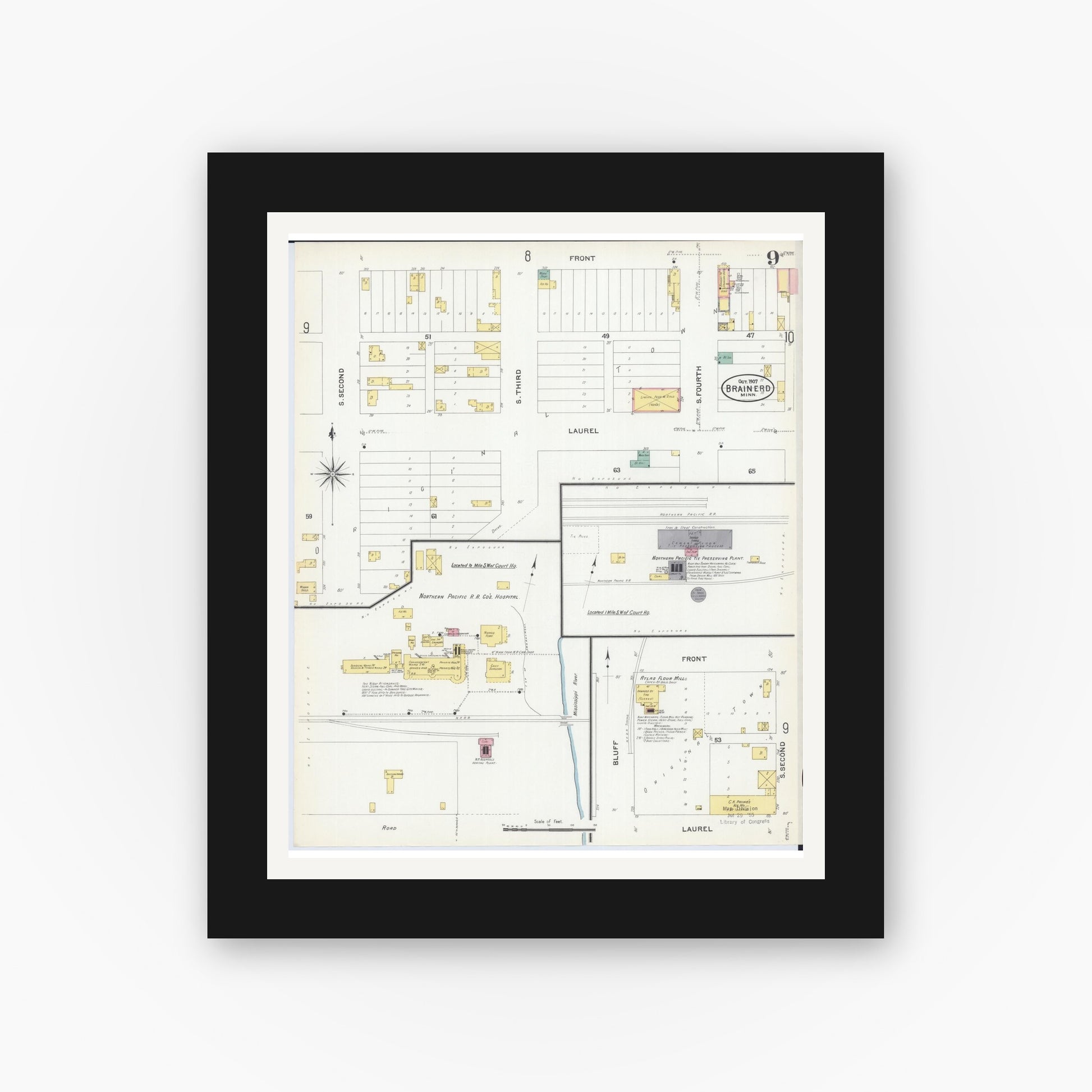 Old map wall art mockup — black gallery frame with white mat — Sanborn Fire Insurance Map from Brainerd, Crow Wing County, Minnesota (1907), Sheet #0009