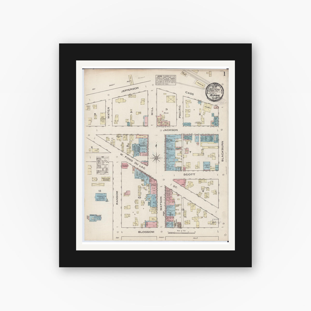 Old map wall art mockup — black gallery frame with white mat — Sanborn Fire Insurance Map from Ripon, Fond du Lac County, Wisconsin (1884) - Complete Map Set