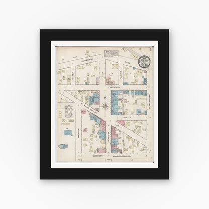 Old map wall art mockup — black gallery frame with white mat — Sanborn Fire Insurance Map from Ripon, Fond du Lac County, Wisconsin (1884) - Complete Map Set