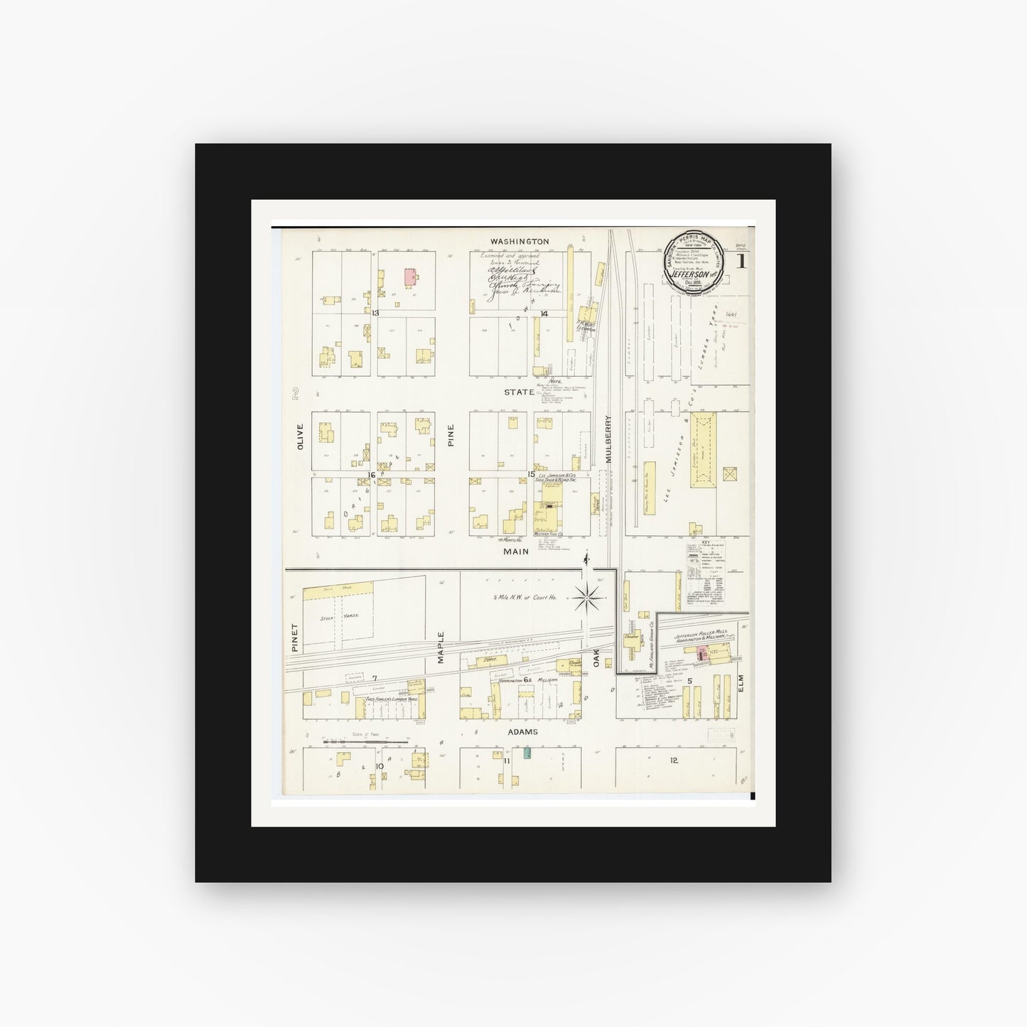 Old map wall art mockup — black gallery frame with white mat — Sanborn Fire Insurance Map from Jefferson, Greene County, Iowa (1893) â€” Complete Set